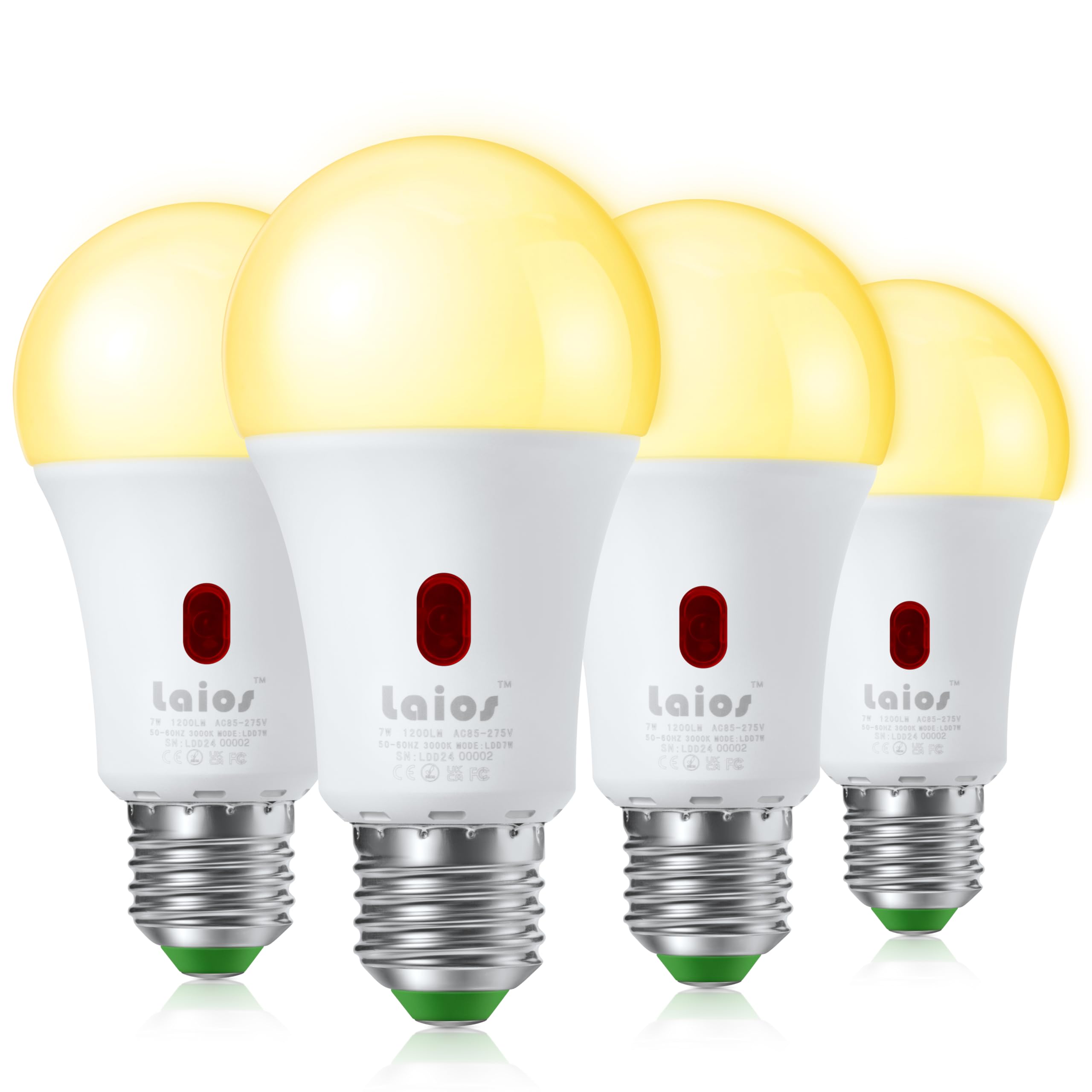 Laios Dusk to Dawn Sensor E27 Light Bulb, 7W LED Outdoor Photocell Lighting Bulb, Soft White(2700K), 950lm Equivalent 60W,Auto ON/Off with Light Sensor, Pack of 4