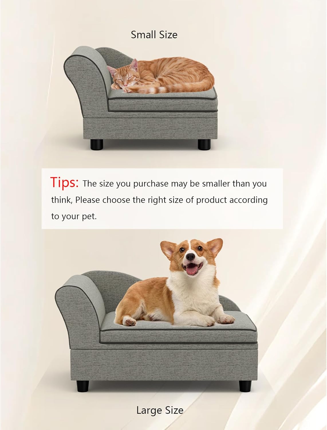 review Pet Sofa with Hidden Storage, Stylish Linen Fabric Comfort Dog Couch with Soft Cushion, Modern Pet Furniture for Small and Medium Dogs (Small, Gray)