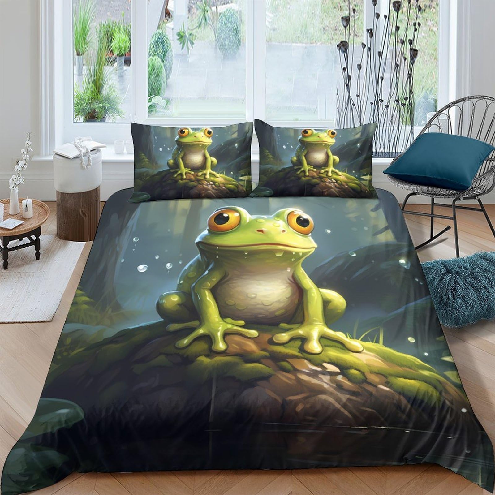 Ctjqhvkz Style-1 3D Printed Green Frog Fitted Sheet Microfiber Soft Breathable Forest Pond Bed Cover For Bedroom Dorm Mattress Decor Single（135X200cm）