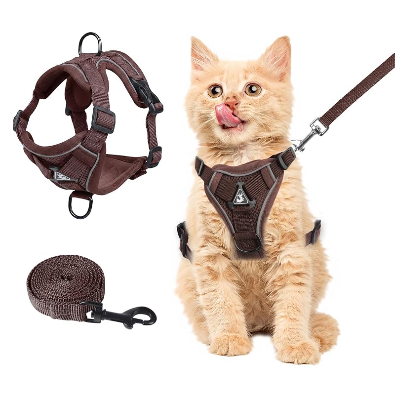Peitoral ajustável com guia para gatos em malha respirável Wanheart, Marrom, tamanho S (1,5–3 kg)