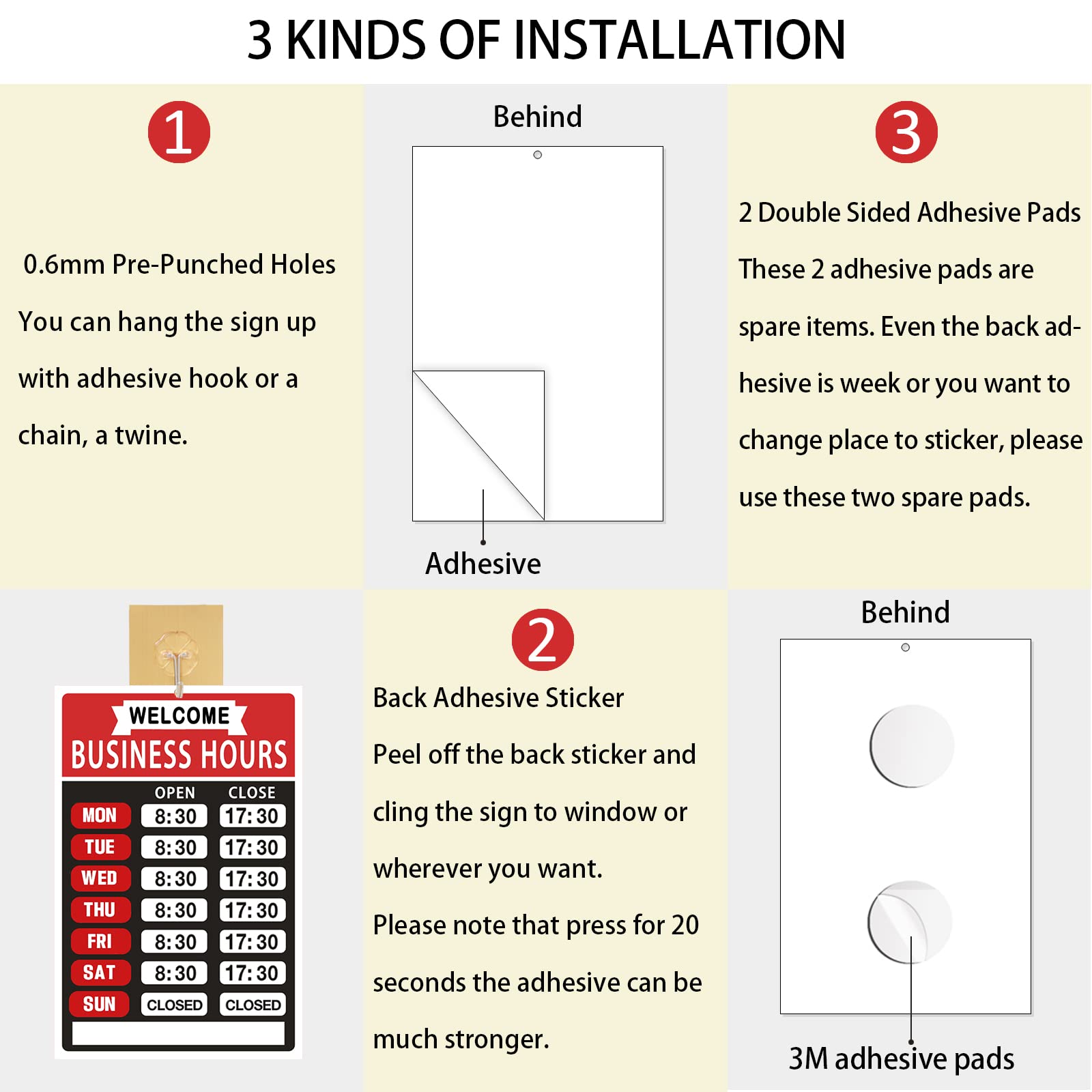 3-Piece Dry Erase Store Hours Sign Set - 8x10 Inch Business Hours Display With Marker & Suction Cup