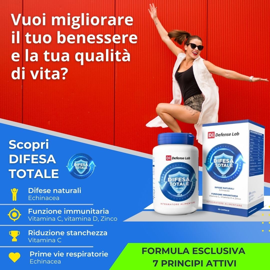 DIFESA TOTALE, Integratore Difese Immunitarie con Echinacea, Lattoferrina, Beta-Glucani, Zinco, Vitamine e Fermenti Lattici, Principi Attivi valutati in 23 mila Studi Scientifici