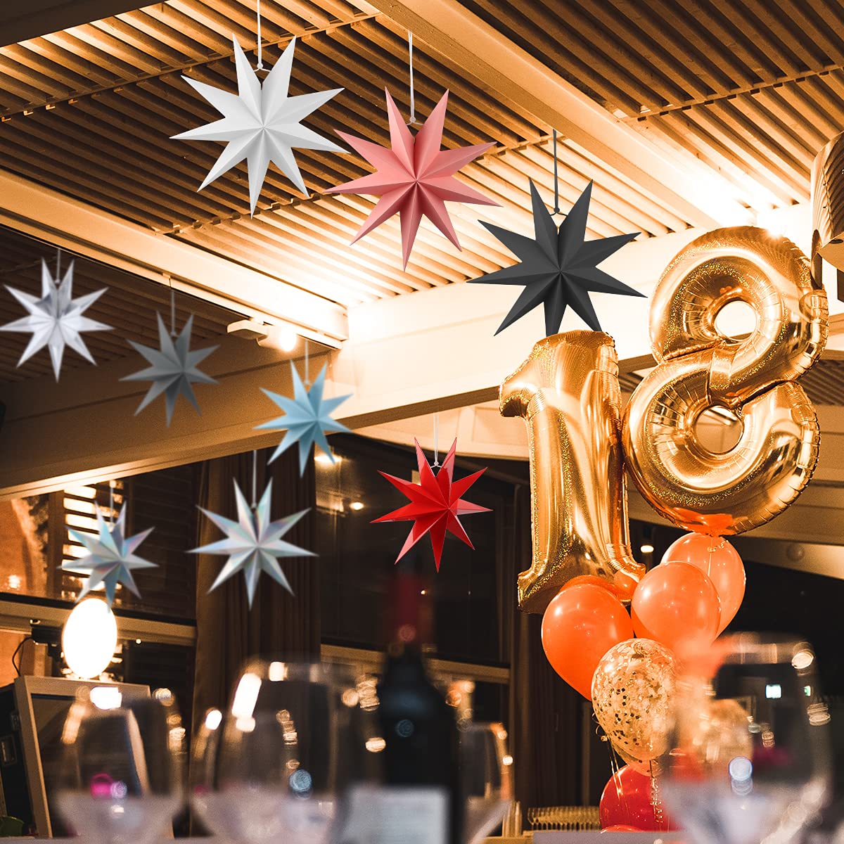 5 Pièces Étoiles En Papier Noir à Suspendre - Décoration Mariage Fête Anniversaire Élégante