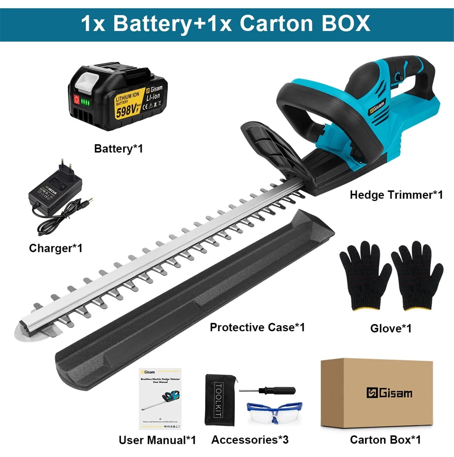Cortasetos eléctrico sin escobillas de 20000 RPM, cortacésped, podadora de setos for jardinería, batería de 18 V, 1 Unidad(1 Battery Set)
