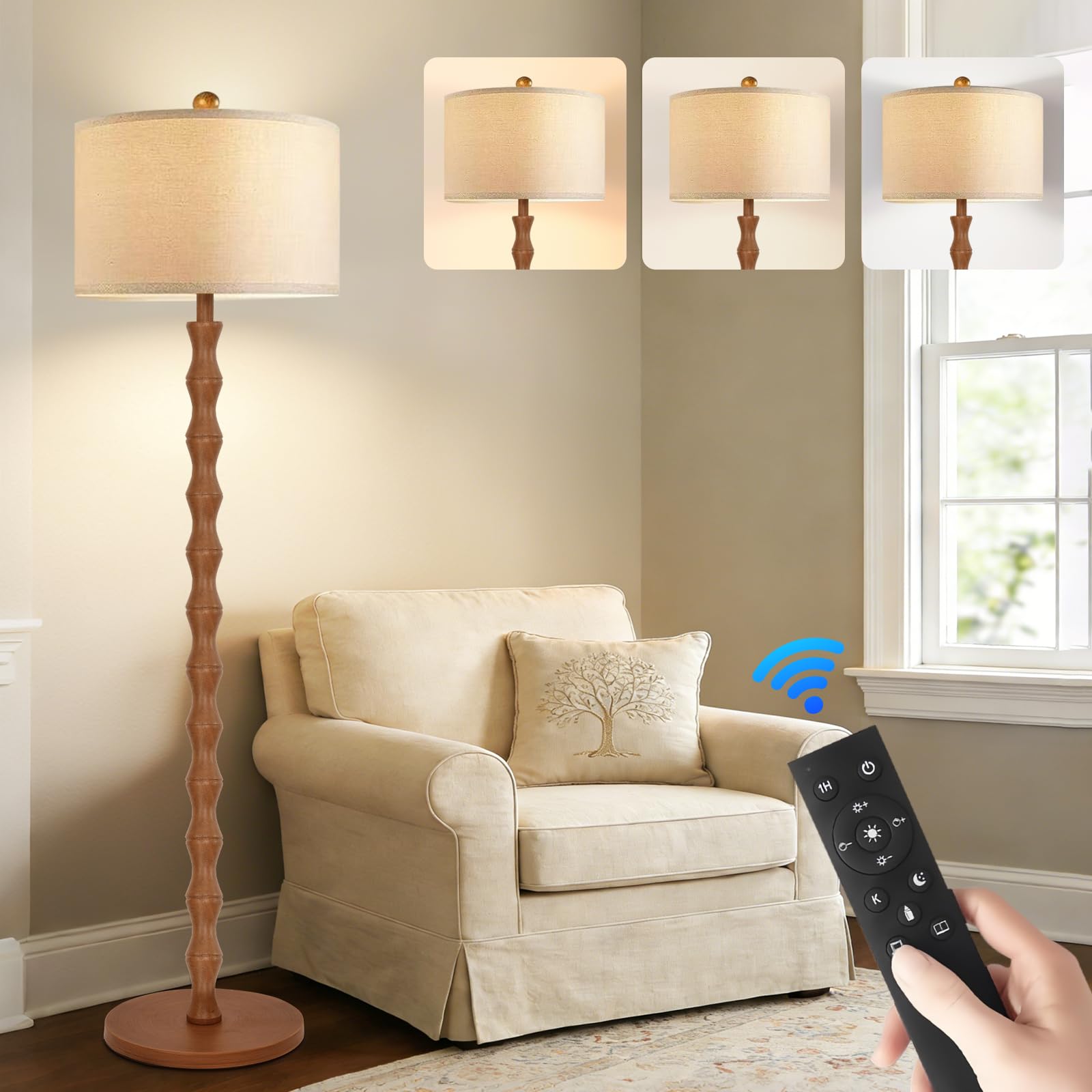 ZECOXOL Wood Floor Lamp with 3 Color Temperatures,Boho Floor Lamp with Remote Control,Dimmable Vintage Floor Lamp Mid Century Modern Standing Lamp Farmhouse Tall Pole Lamp for Living Room Bedroom