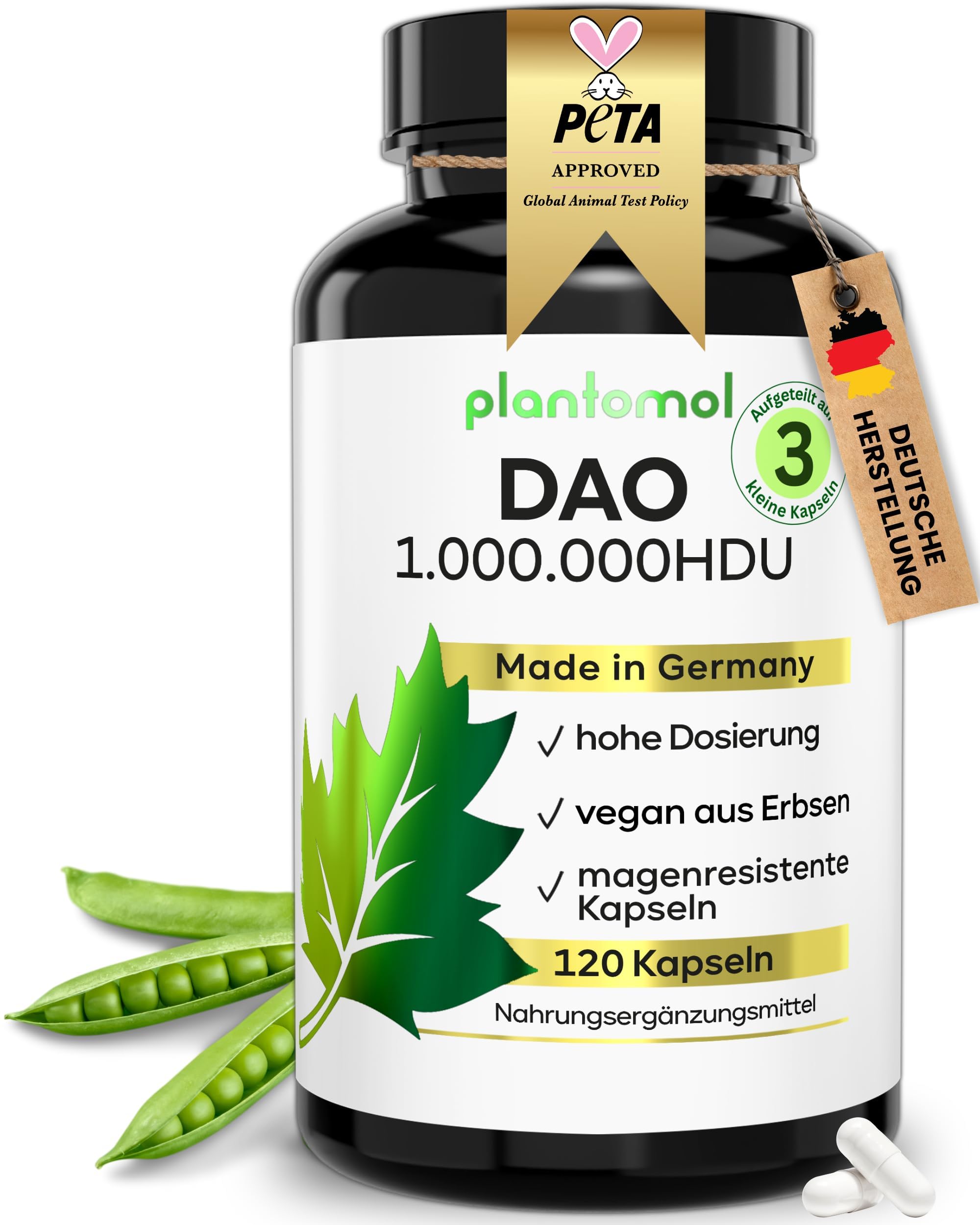 120 DAO Kapseln - 1.000.000 HDU pro Tag - perfekte Dosierbarkeit mit 333.333 HDU/Kapsel (1 bis 3 Kapseln/Tag) - DAO vegan - DAO Enzym aus Erbsen