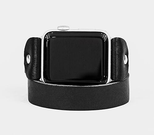 Miniatura 8 de Leather double wrap band strap compatible with Apple watch 38mm 40mm 41mm 42mm 44mm 45mm 49mm, Handmade UA 1810 (black + steel + 6.3-7.3 in + 384041
