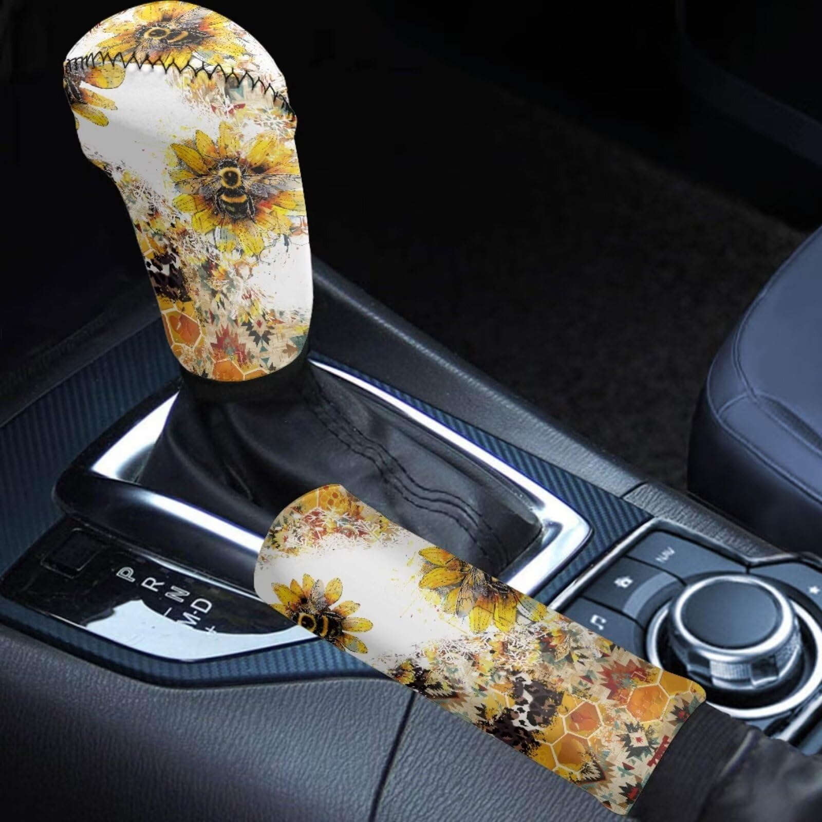 Forchrinse Sunflower Bee Print Automotive Accessories 2pcs Gear Shift Cover + Handbrake Cover for Women Girls