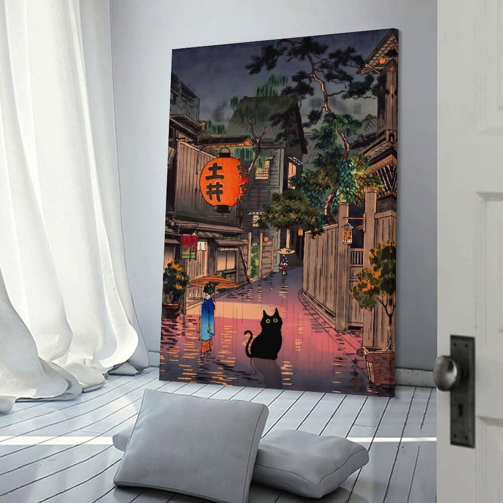 Junmoney Frame-Style-16 Canvas Wall Art Cat At Tokyo Rainy Night, 20X30inch(50X75cm), For New Homes, Bedrooms Or Workspaces, Canvas Artwork With Gifting Potential