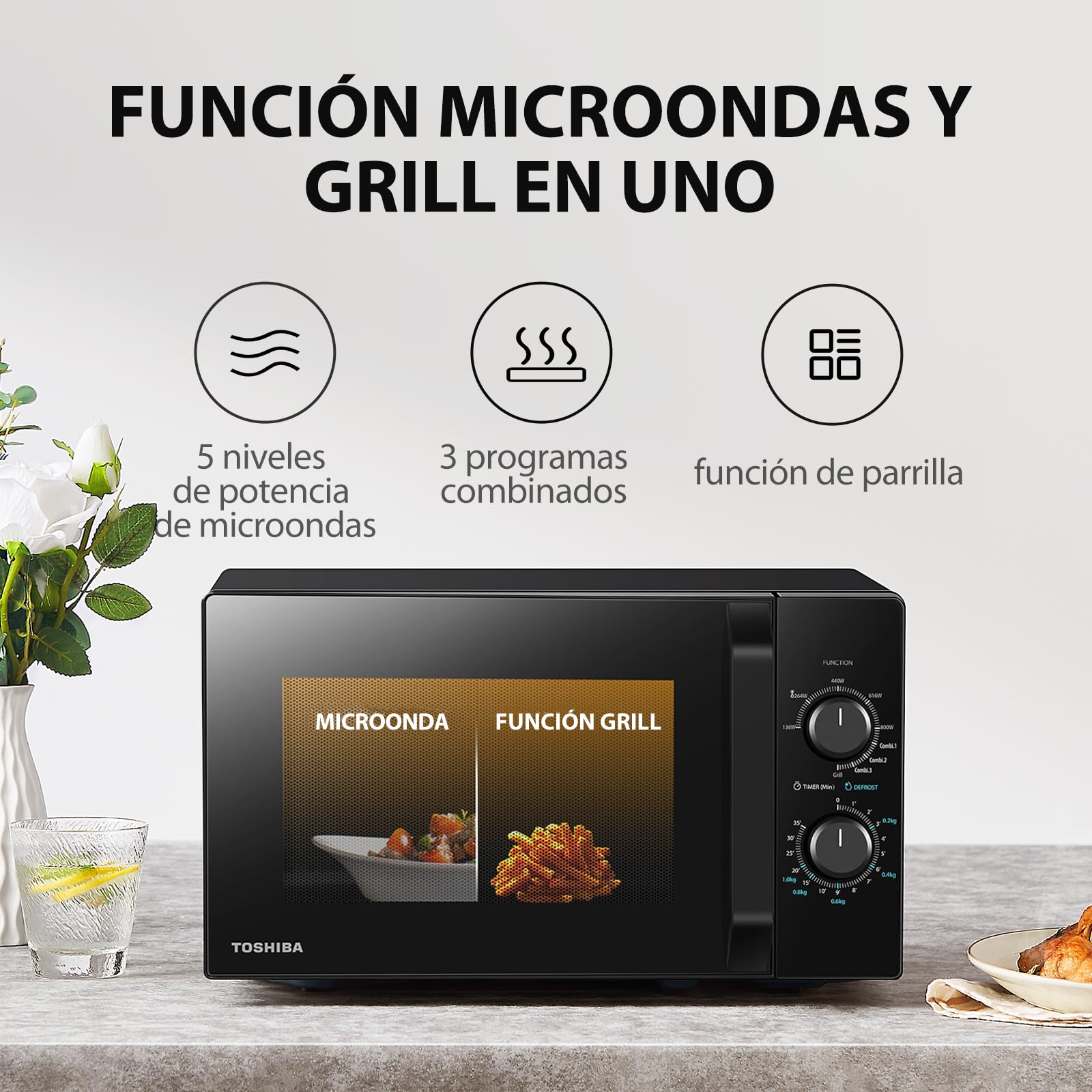 Toshiba MW2-MG20P(BK) Forno micro-ondas 20 L, brilho 700W/1000W, com crispy grill e função de cozedura combinada, 9 níveis de potência,