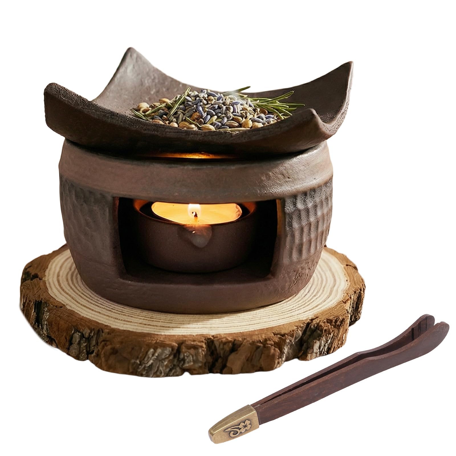 Essential Oil Burner Zen Ceramic Wax Melt Burner Incense Holder with Wooden Tongs and Tealight Holder for Wax Melts, Dried Herbs and Palo Santo, Aromatherapy Stove for Bedtime Calm Meditation