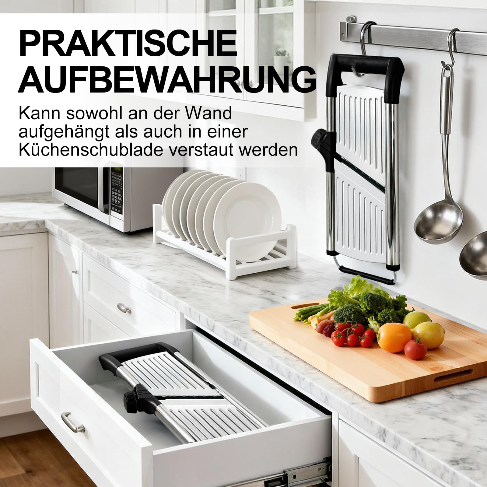 Masthome Verstellbar Edelstahl Gemüsehobel Mandoline, 5-in-1, Schwarz | Multifunktion Gemüseschneider Edelstahl mit Schnittfesten Handschuhen, Reibe für Gemüse für Obst und Gemüse
