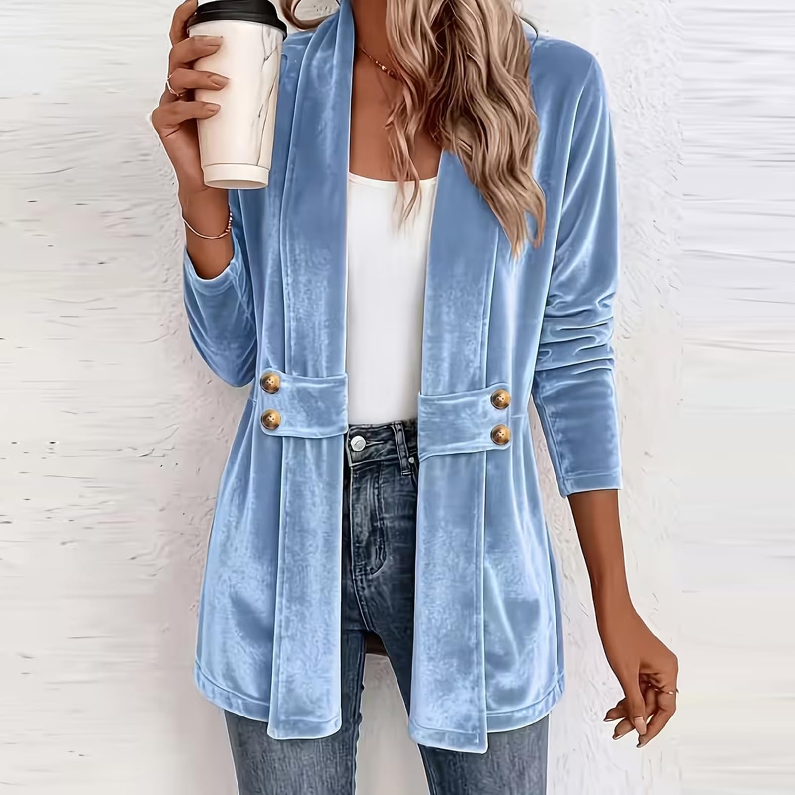 Mantel Damen Winter Elegant Samt Cardigan Mittellang Jacke Mit Knöpfen