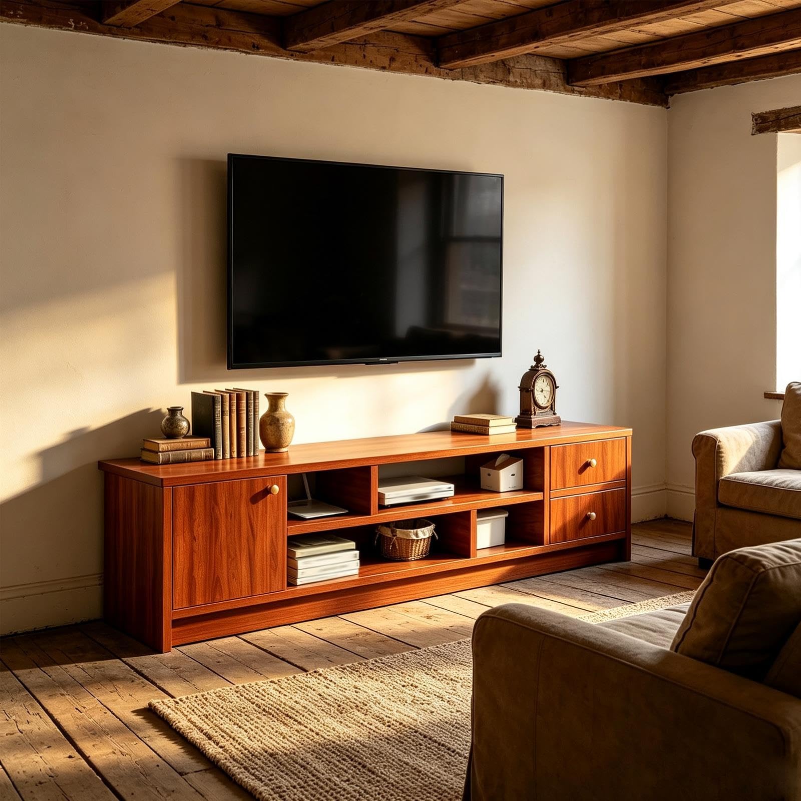 Meuble TV Supportant Jusqu'à 80 Kg, Dos Ouvert, Meuble Tele Bois