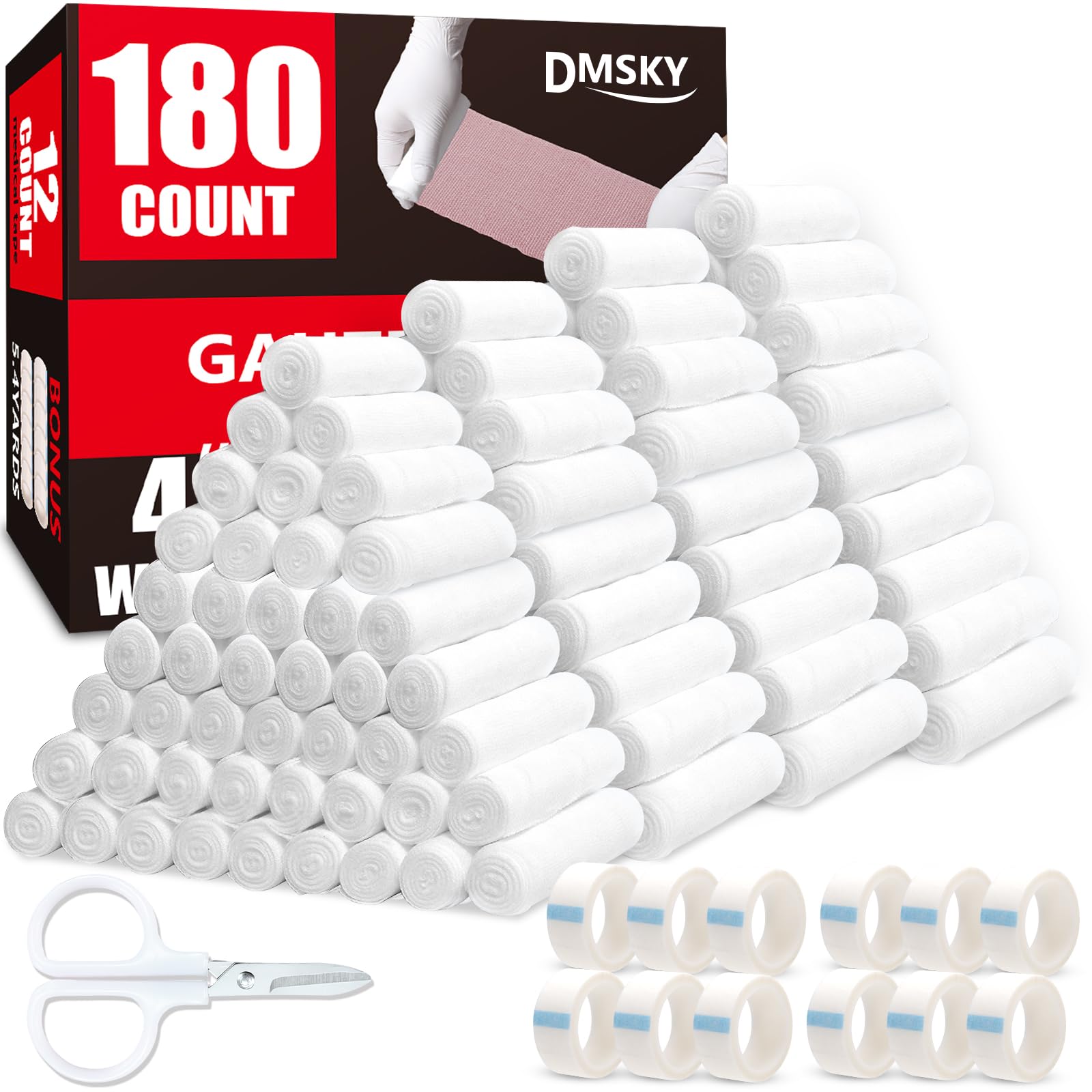 DMSKY 180 Pack Gauze Rolls, 4 in x 4.1 Yards, Individually Wrapped Breathable Rolled Gauze, Premium Bandage Wrap Rolled Gauzes, Mummy Wraps