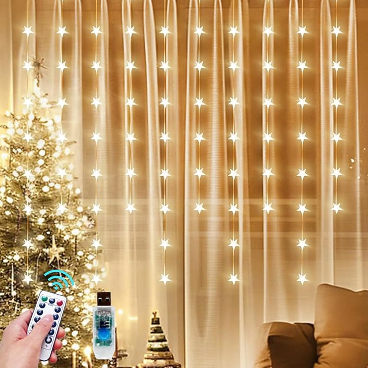 Lámpara de pantalla estelar, Lámpara de estrella de ventana Enchufe USB 8 modos flash Fairy Light Navidad, fiesta (3 * 1m 100LED)