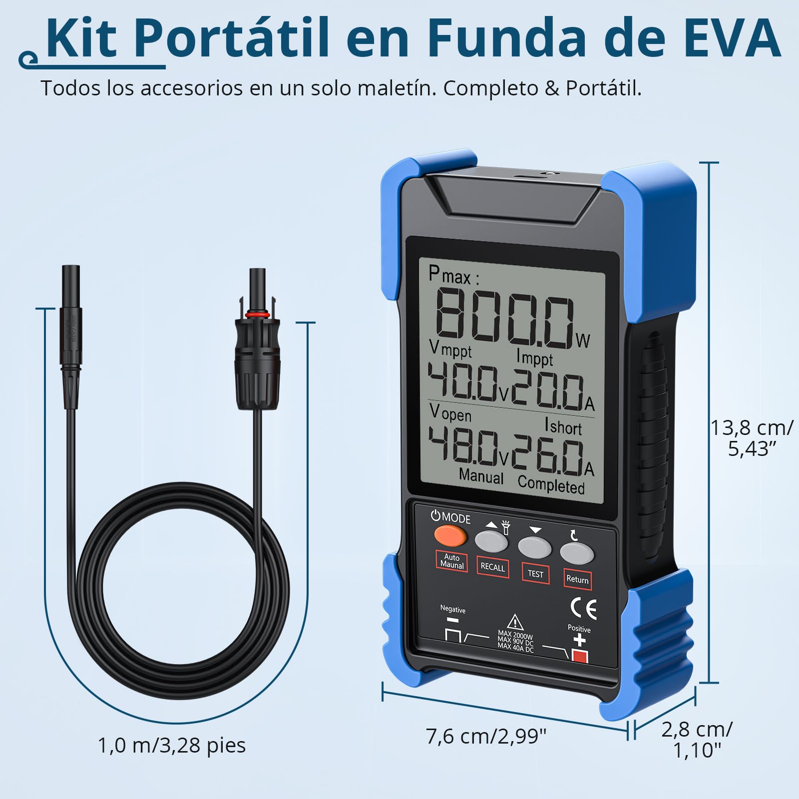 Probador de Panel Solar de 2000 W con MPPT, Medición Pmax/Voc/Isc | Multímetro Fotovoltaico Digital Recargable con Pantalla LCD, Medidor Solar para Pruebas y Mantenimiento de Paneles Solares
