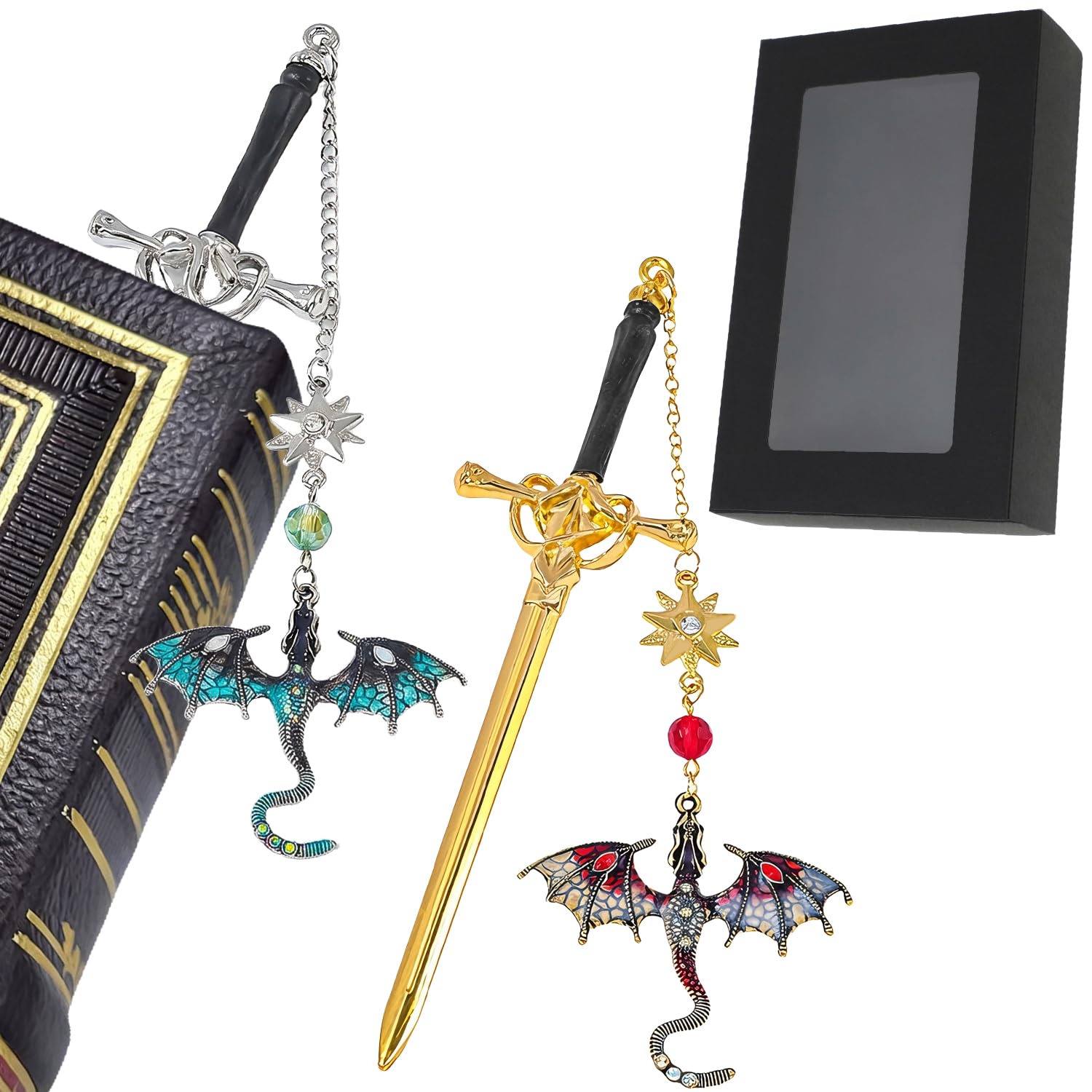 TIHNY 2-Pack Dragon Sword Bookmark Set, Blue/Red, Vintage Tassel, Gothic Fantasy Book Marker for Adults, Fourth Wing Bookmark Merch Gift