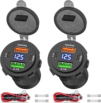 2 Pack 12V USB Outlet 4 Ports Dual USB C PD and Dual Quick Charge 3.0 Car USB Port 12 Volt Car Charger Socket with Voltmeter for Car Boat Marine RV Truck Motorcycle