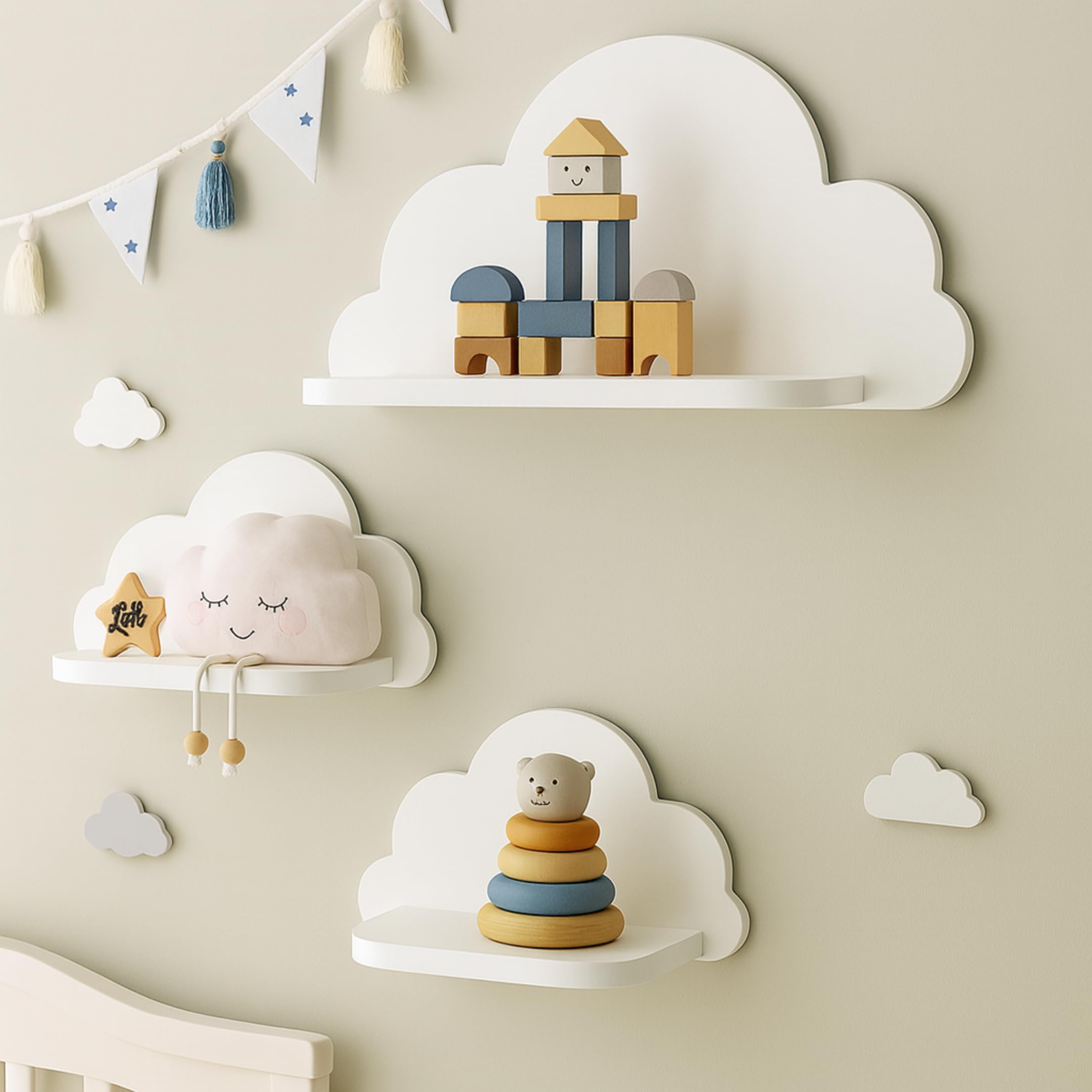 Petit Déco Wolkenregal 3er Set Holz – weiß, pflegeleicht & stilvoll | einfache Montage, nachhaltig & langlebig | Zeitloses Design, Designed in Deutschland | Babyzimmer Deko | Ideales Geschenkset