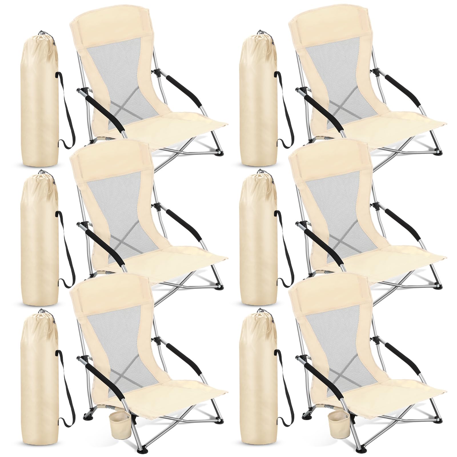 1 Pack Beach Chairs Portable Folding Beach Chairs for Adults with Cup Holder Carry Bag, Lightweight Sling Chair Low Back Camping Chair for Lawn Outdoor Sand Travel Concert (Khaki)