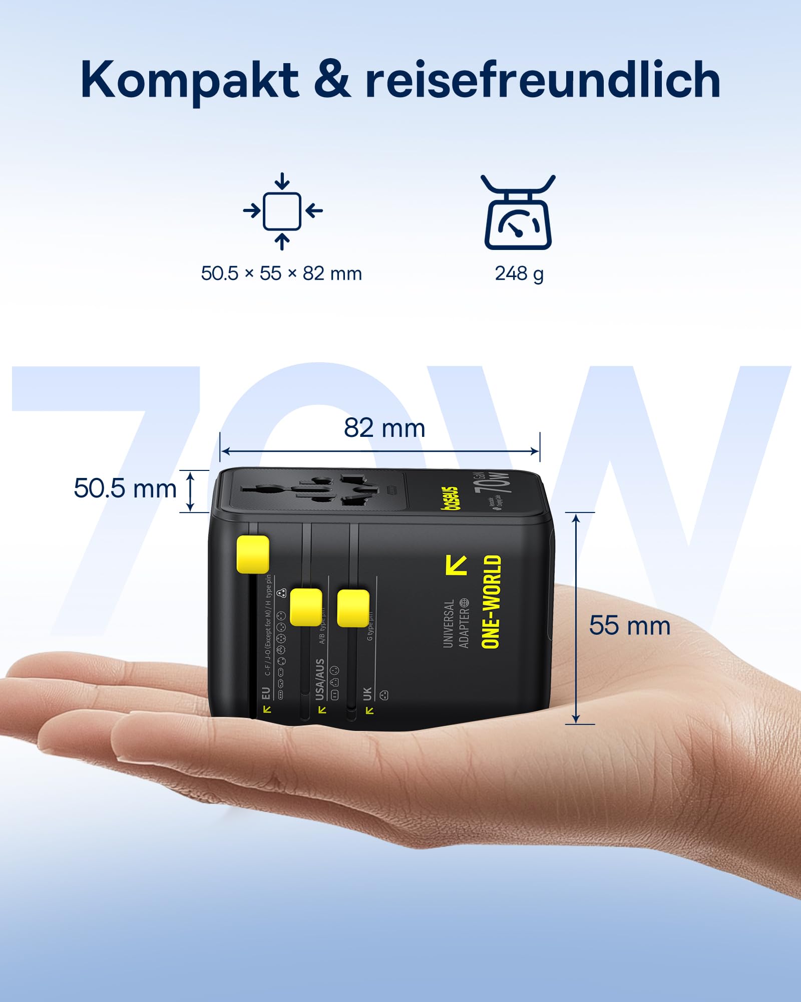 Baseus Enercore 70W Reiseadapter Weltweit mit Ausziehbarem Kabel, Universal Reisestecker mit 2AC+2USB A+USB C, Internationaler Steckdosenadapter, für USA England Japan Thailand Australien