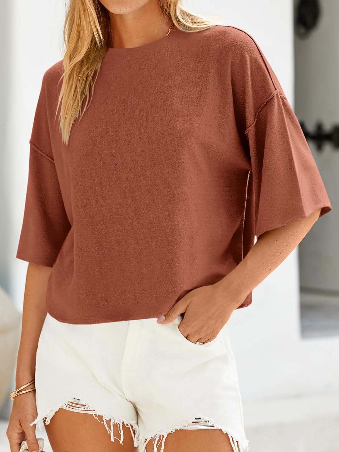 Saodimallsu Womens 3/4 Sleeve Sweaters Lightweight Crewneck Loose Pullover Casual Oversized Fall Knit Tops - Image 2