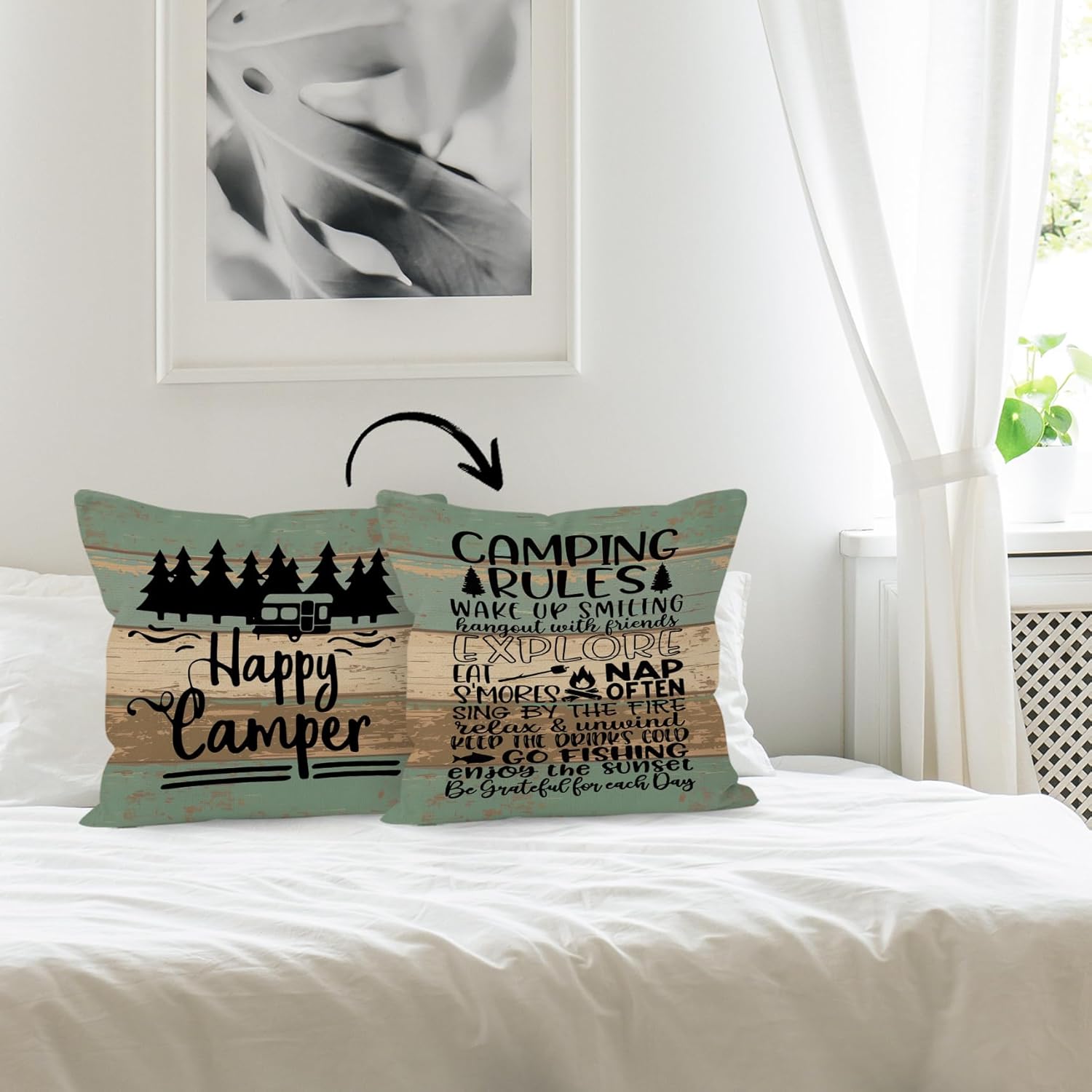 Rustic Happy Camper Wood Board Reversible Throw Pillow Cover, Camping Camper Gifts for Women Men, Camping Rules Pillow Case 18 x 18 Inch Home RV Camper Bed Sofa Decor - Image 4