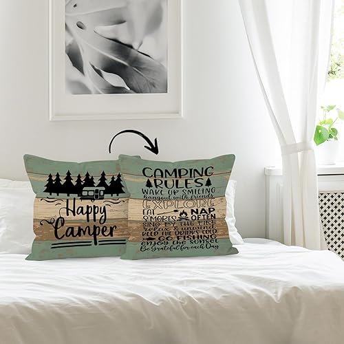 Miniatura 4 de HUYAW Funda de almohada reversible con tablero de madera rústica Happy Camper, regalos para mujeres y hombres, funda de almohada con reglas de