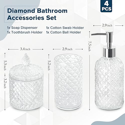Miniatura 2 de RYTOXILO Juego de accesorios de baño, juego de 4 accesorios de baño de vidrio transparente, dispensador de jabón de diamante y soporte para cepillo