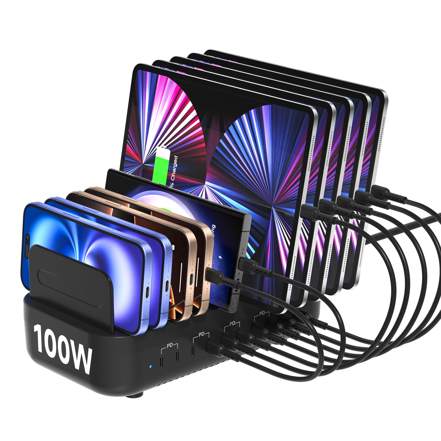 SooPii USB C Multi Charging Station,100W 10-Port Type C Fast Charger Station for Multiple Devices with Adjustable Dividers, Charger Organizer Compatible with Phone, Tablet,Kindle and more(Black)