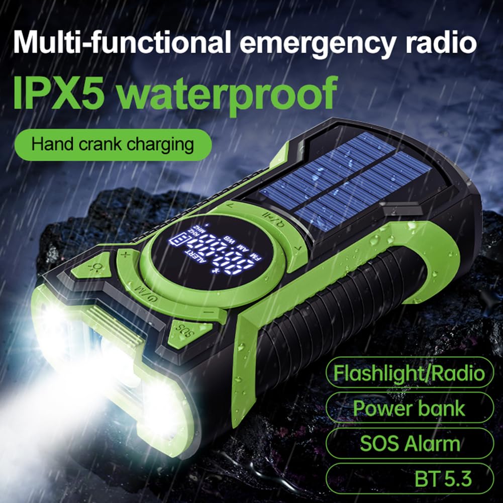 Radio meteorologica di emergenza solare Cymwer, manovella a mano impermeabile AM/FM/NOAA Meteo Radio 5000Mah Bluetooth-compatibile 5.3 Flashlight Charger LED Flashlight Alarring