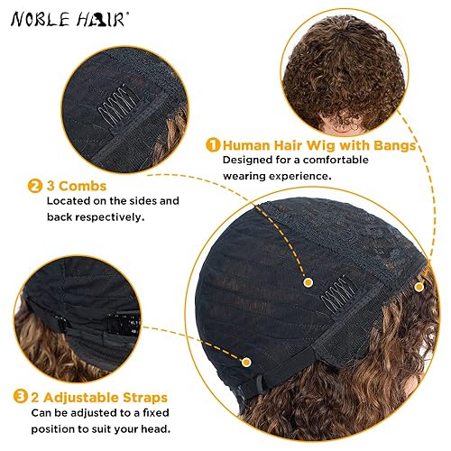 Miniatura 7 de NOBLE HAIR - Pelucas de cabello humano corto y rizado con flequillo, pelucas de cabello humano virgen brasileño sin encaje frontal, pelucas hechas a