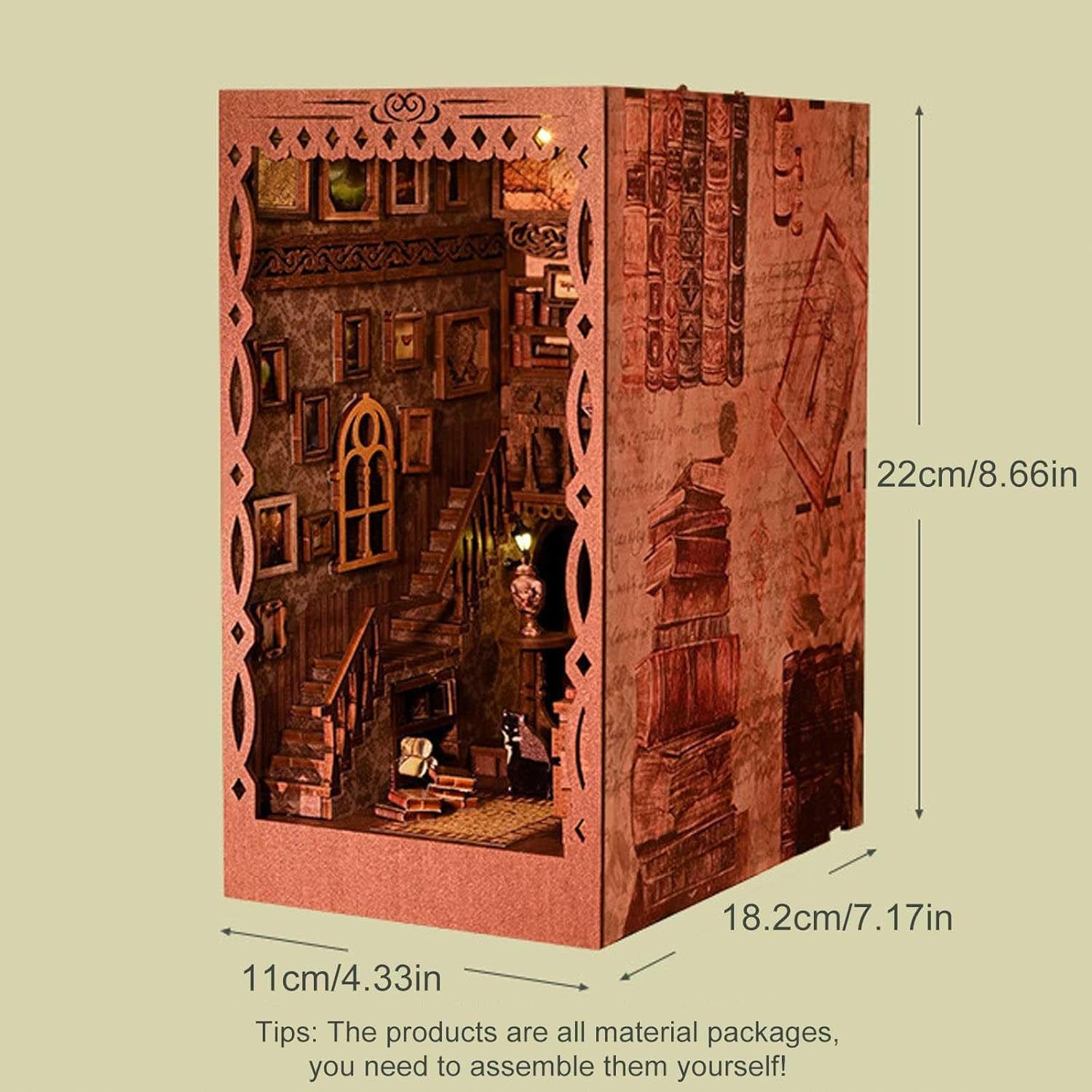 Model edukacyjny Zestaw kącika książek, DIY domek dla lalek Booknook wstaw wystrój alei, drewniane puzzle 3D ze światłem, edukacyjne zestawy do budowania półek na książki, budowanie modeli regałów
