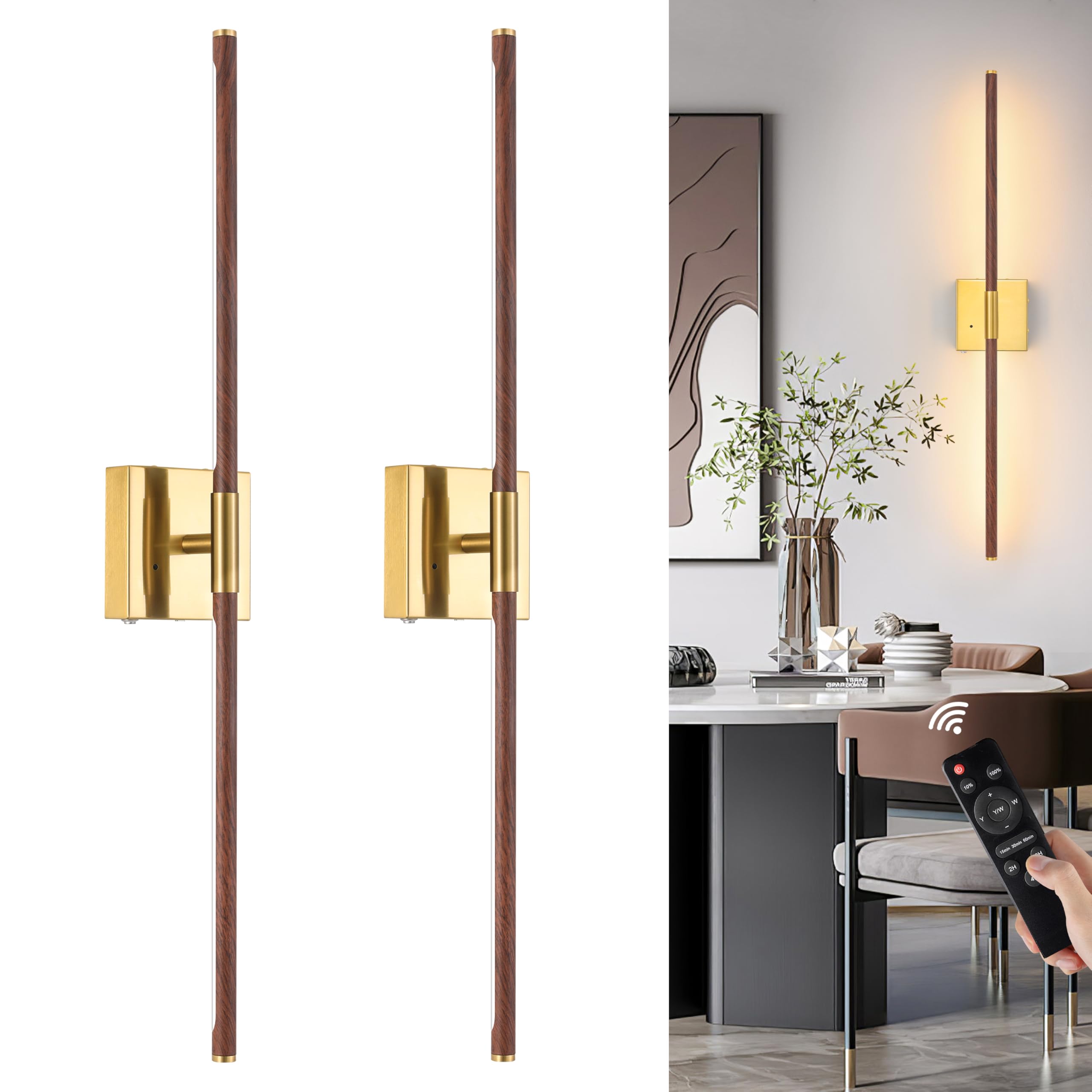 Morauroral Walnut Battery Operated Wall Sconce with Remote Control, Rechargeable Wall Sconces Set of 2, LED Wireless Wall Light, 24″ Modern Sconce