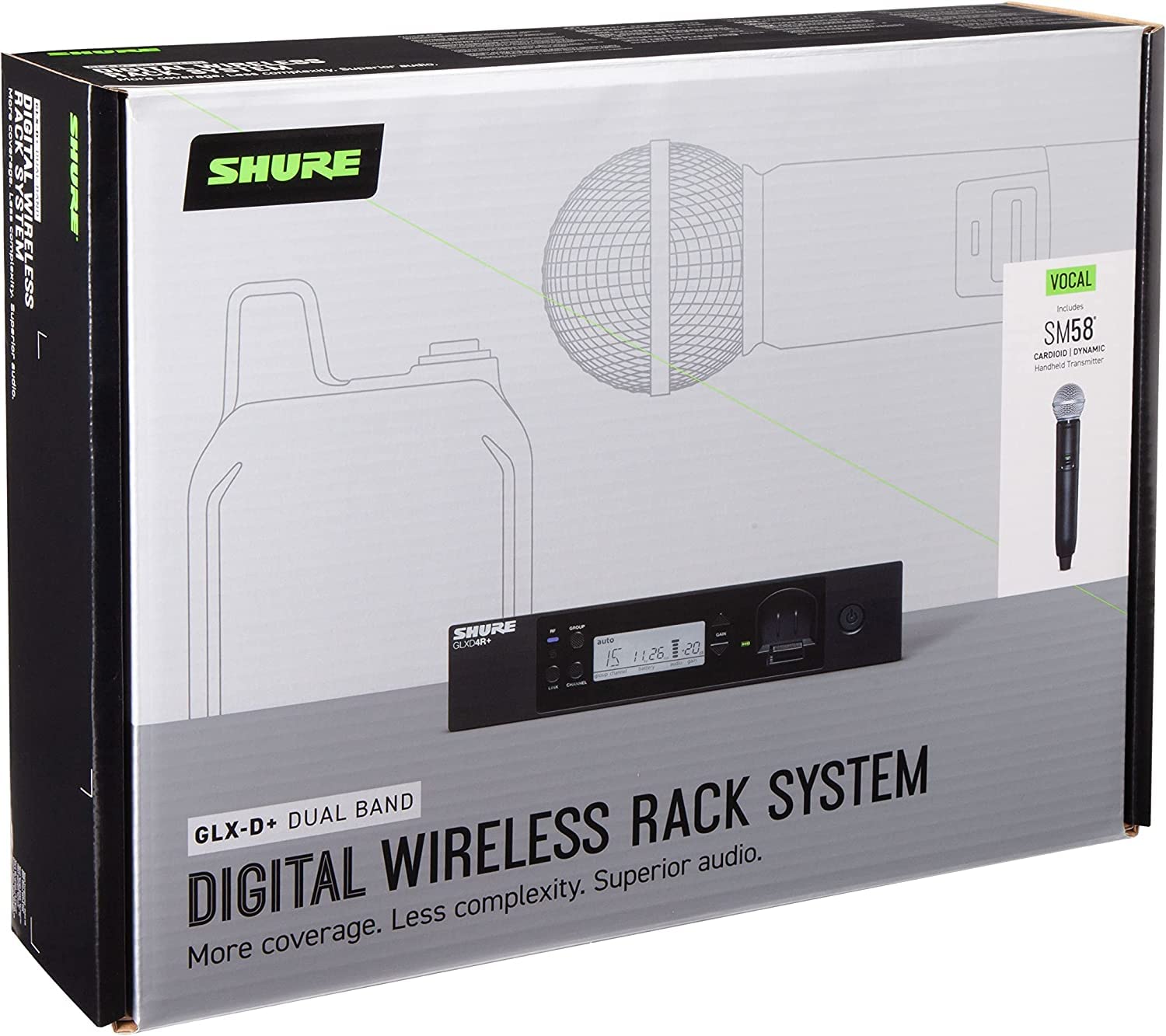Shure GLXD24R+/SM58 Sistema di microfoni wireless digitali dual band Pro per chiesa, karaoke, voce - Durata della batteria 12 ore, portata 30,5 m | Microfono vocale portatile SM58, ricevitore per