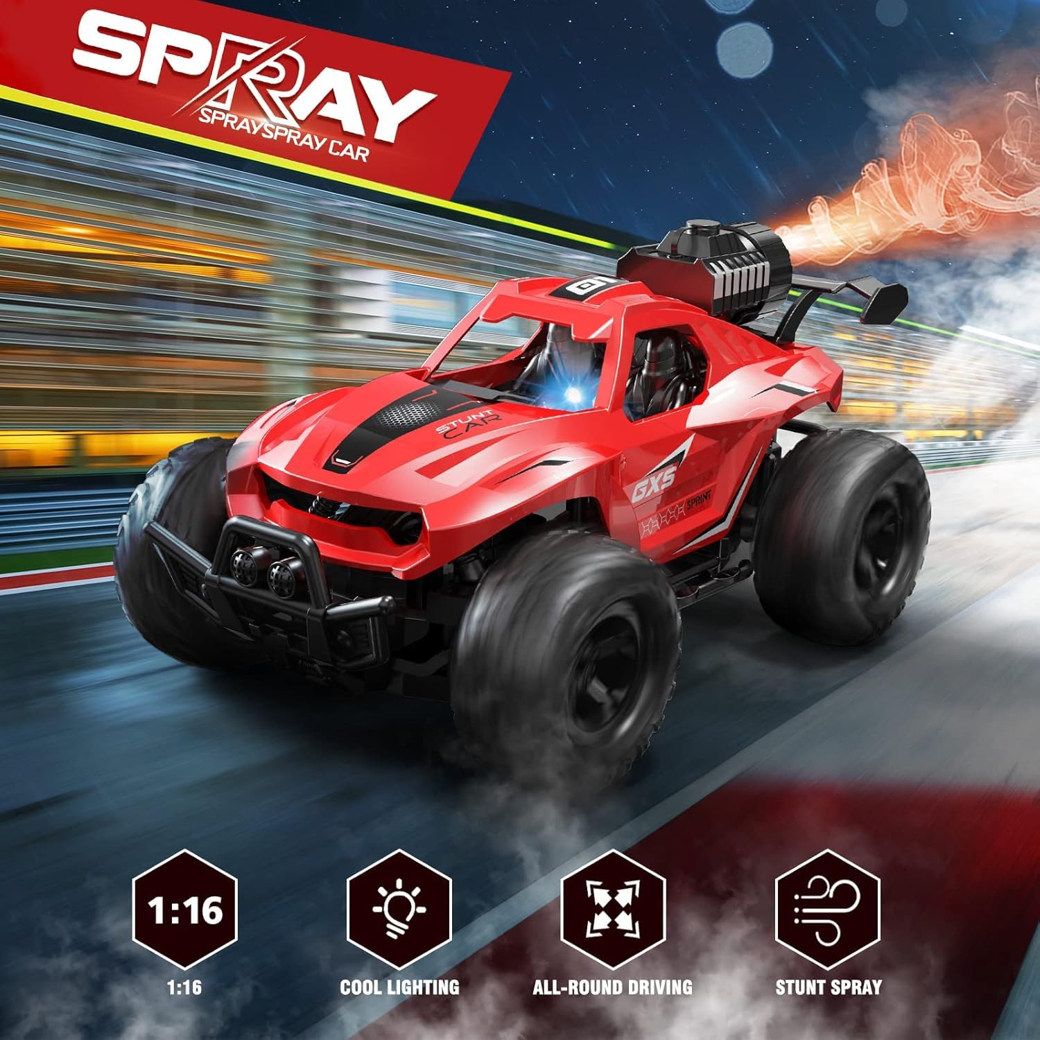 Mist Racing Remote Car Remote Control Car 1:16 Scale RC Monster Truck with Smoke Mist LED ...