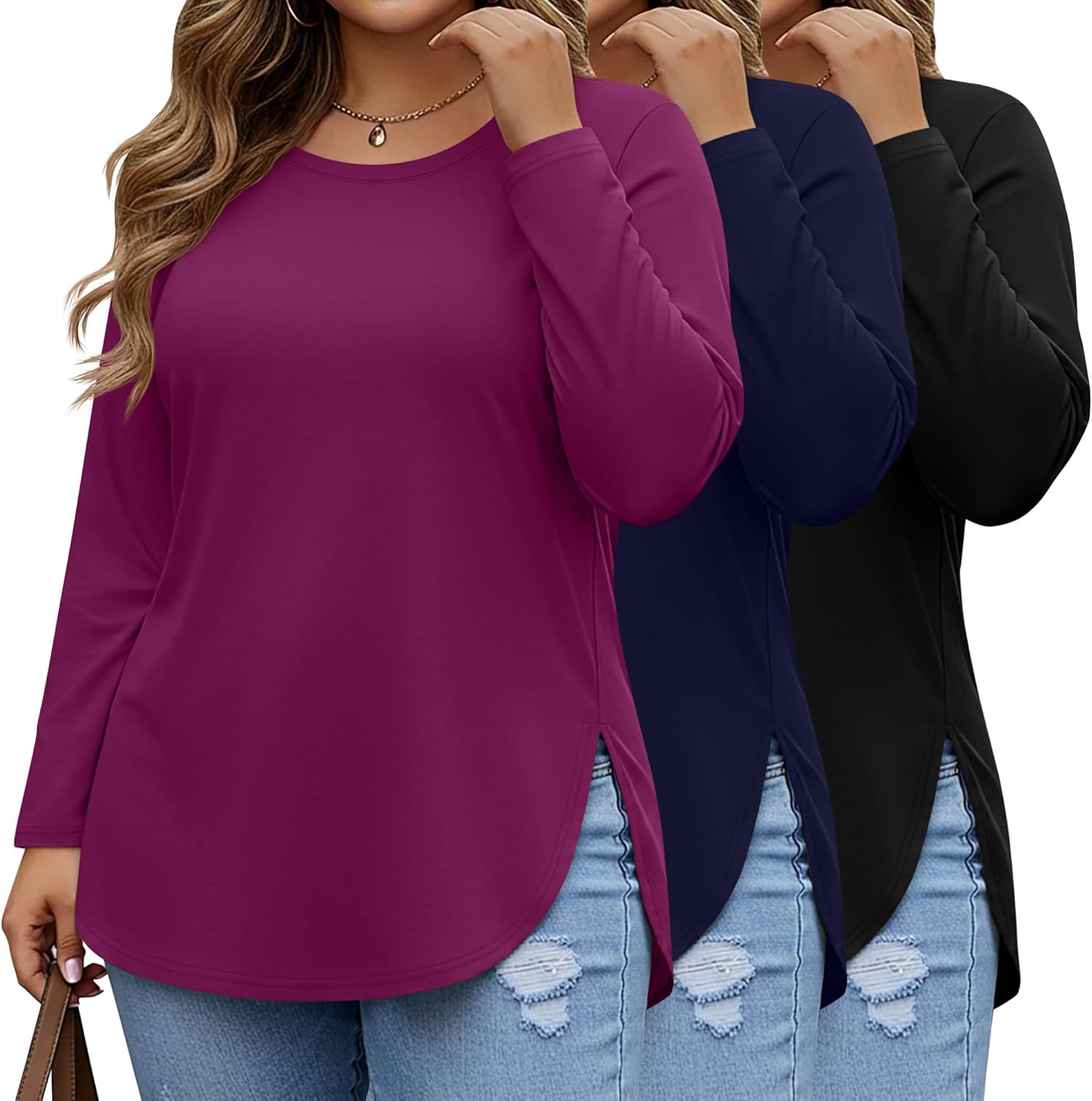 Ficerd 3 Pack Women's Plus Size Long Sleeve Tunic Tops Crewneck Loose Shirts Casual Curved Hem Side Split Basic Tee