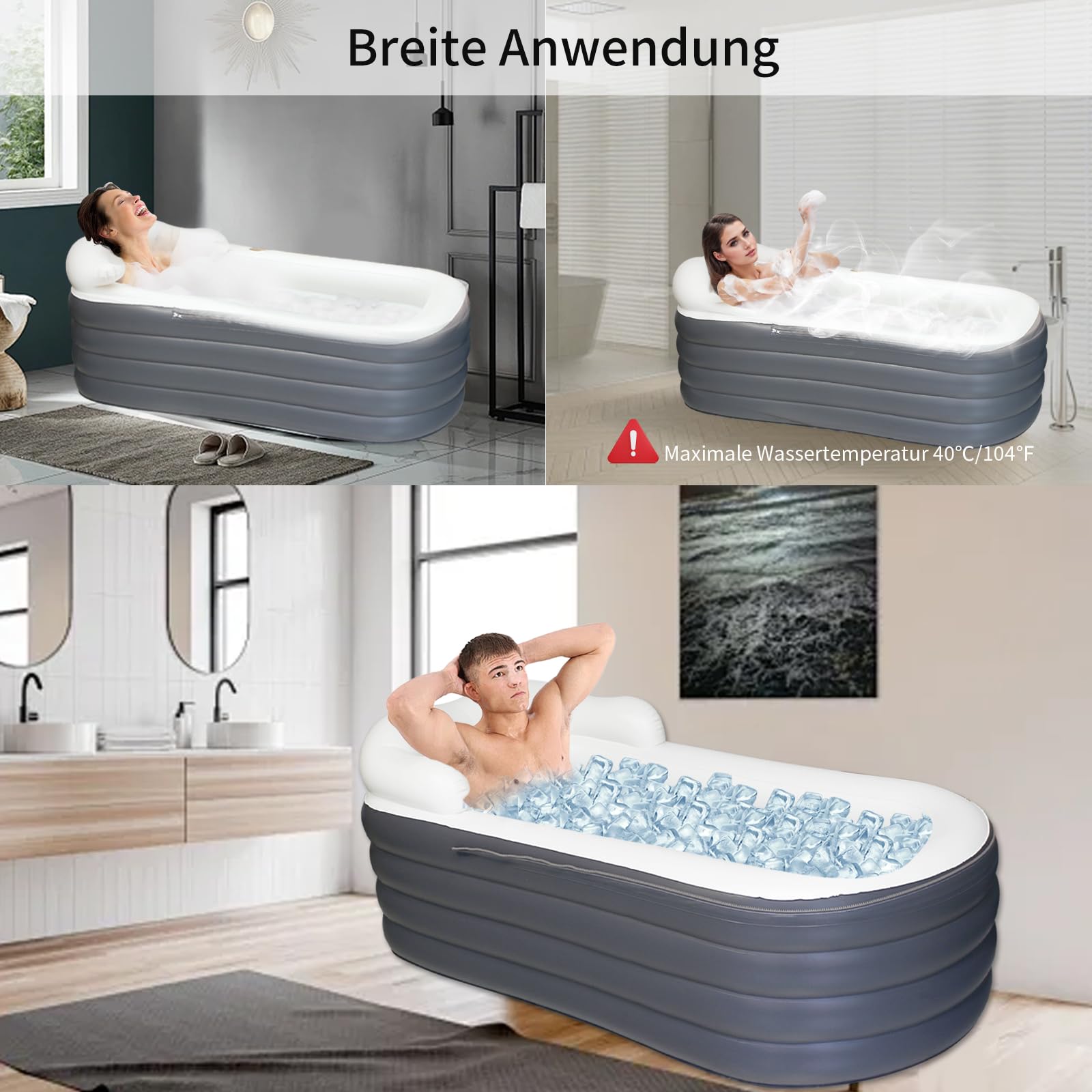 Baignoire gonflable pour adulte - Grande baignoire à glace portable - Spa - Baignoire de trempage avec housse à fermeture éclair (Gris foncé, 168x76x68cm)