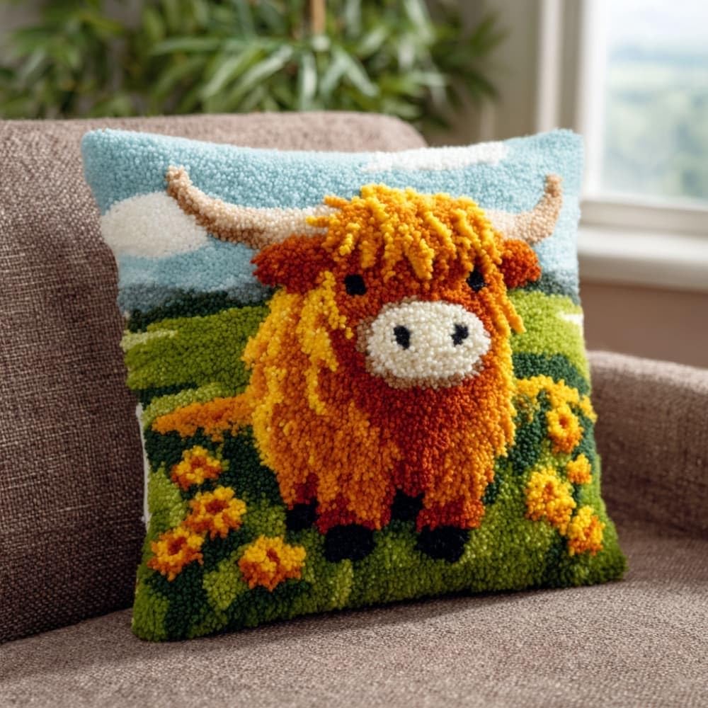 Taxpy Latch Hook Kits for Adults Beginners,Highland Cattle Pre-Printed Latch Hook Pillow Kit,Craft Rug Making Kits,DIY Embroidery Cushion for Home Sofa Decor & Gift Idea 17X17 in.