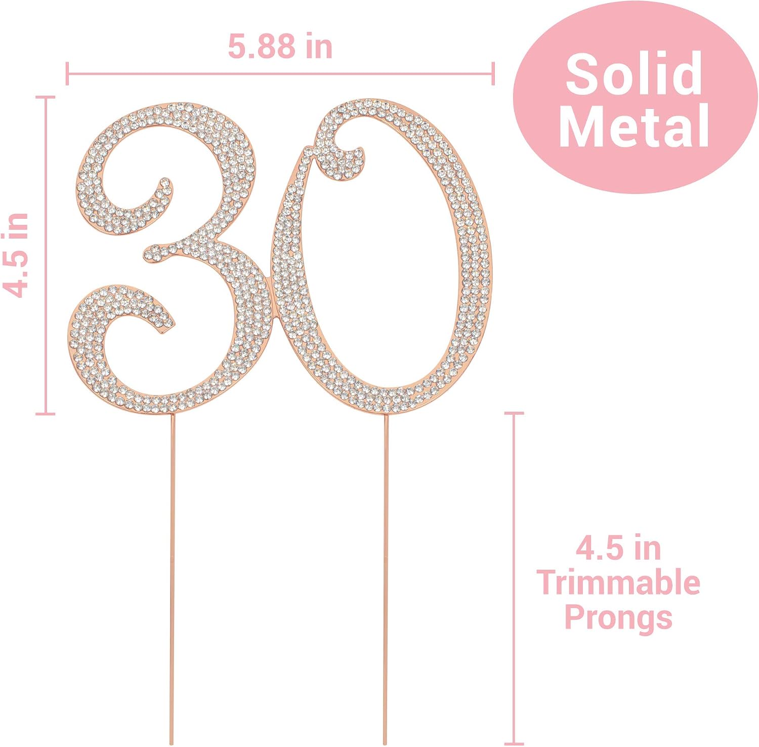 30 Cake Topper - Premium Rose Gold Metal - 30th Birthday or Anniversary Party Sparkly Rhinestone Decoration Makes a Great Centerpiece - Now Protected in a Box