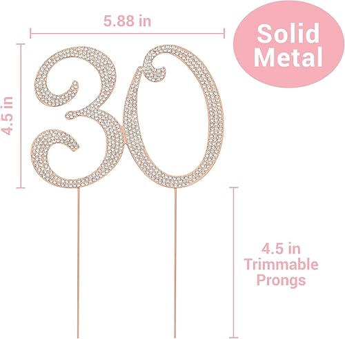 Miniatura 4 de Decoración de 30 tartas – Metal de oro rosa de alta calidad – Decoración de diamantes de imitación brillantes para fiesta de cumpleaños número 30 o