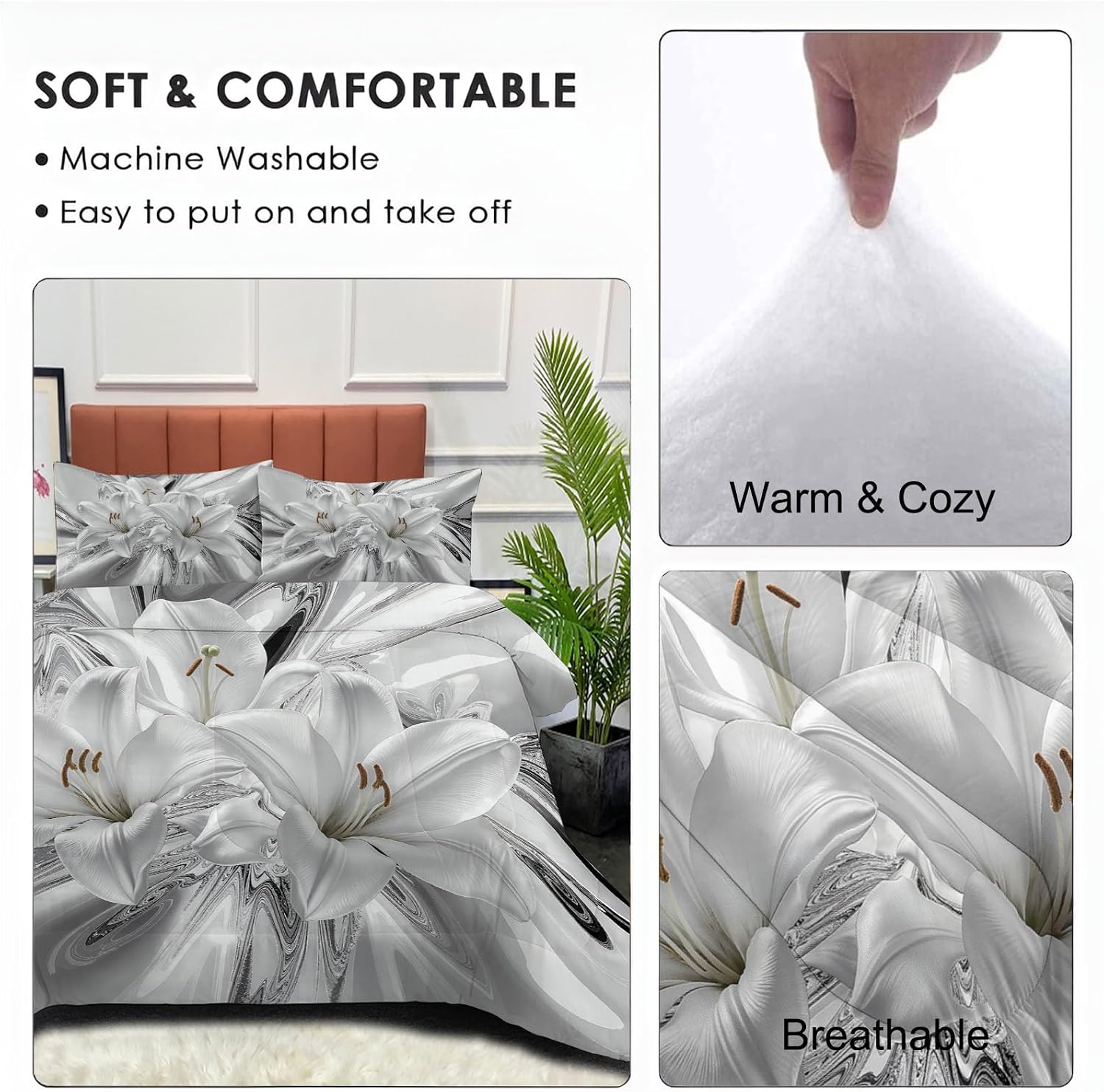 Light Luxury Abstract Comforter Set Twin Size, Lily Photography Bedding Set for Girls Boys, Silver Quilt Bed 68"X90" Bedding Comforter Sets with 2 Pillowcase Room Decor