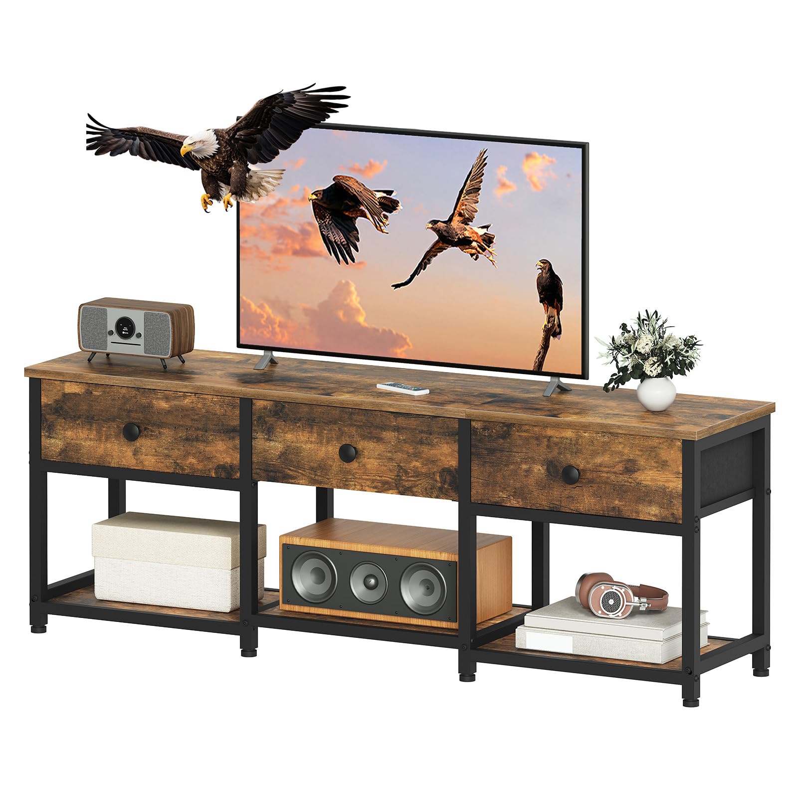 YATINEY TV Stand with 3 Fabric Drawers for up to 50 Inch TV, 47.2" Industrial Media Console, Entertainment Center with Shelves for Living Room,