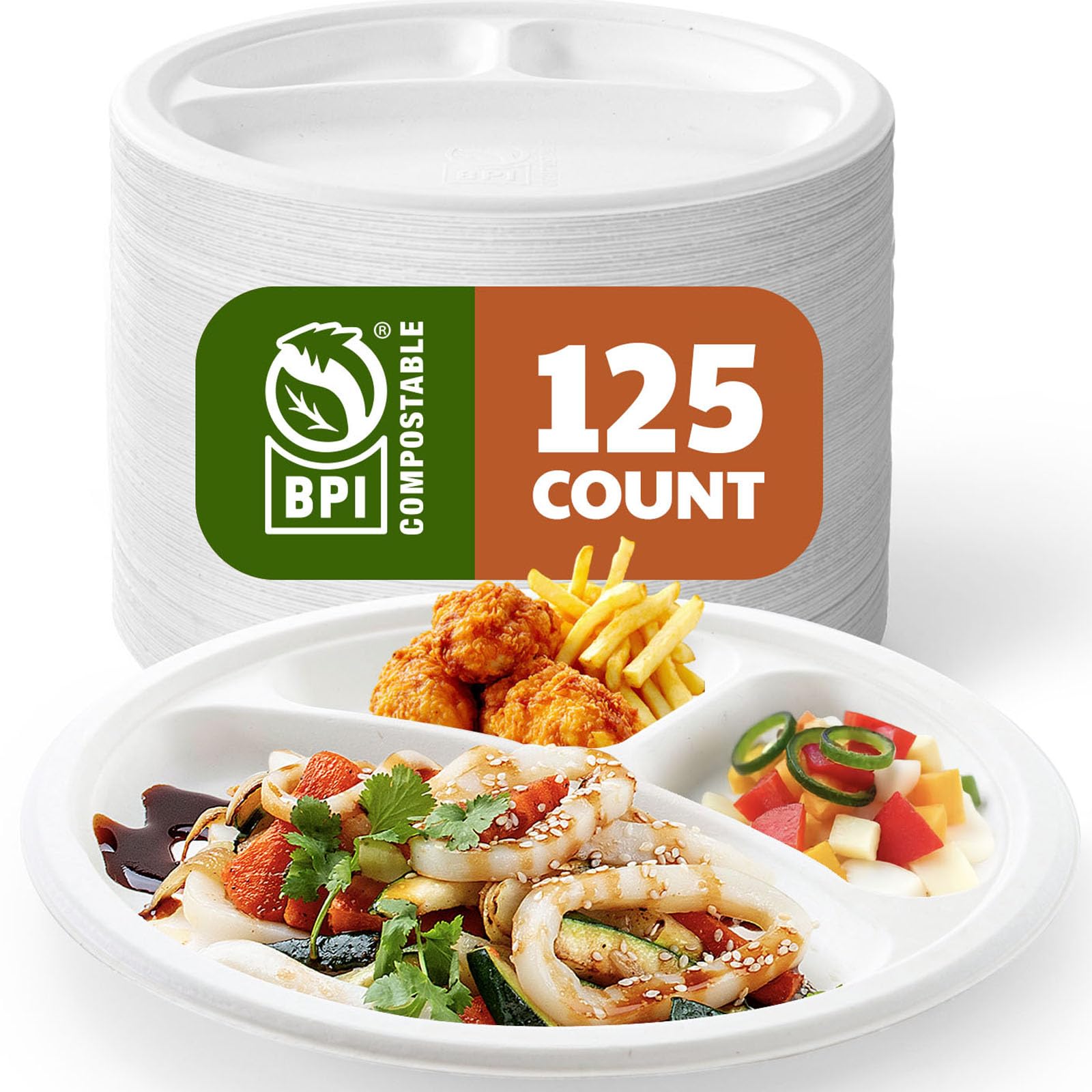 Joyborn Compostable 3-Compartment Paper Plates, 125 Count, 10 Inch, Heavy Duty Disposable Divided Lunch Trays, Biodegradable Bagasse Sectional Plates