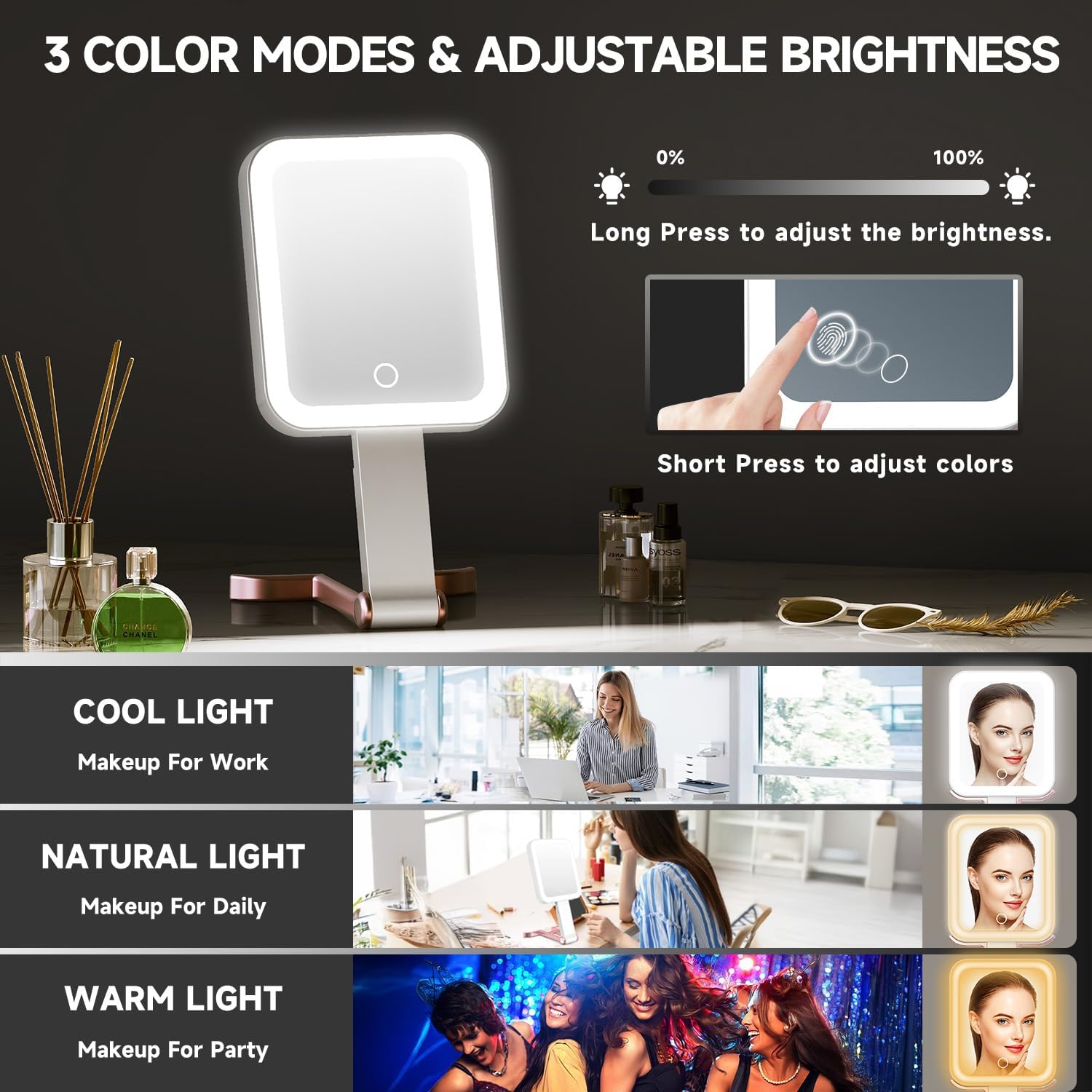 Mocado Travel Makeup Mirror with Lights,20X/1X Magnifying Mirror with Light, Double Sided Travel Mirror with 3 Color Light,Dimmable Touch,Lighted Makeup Mirror for Tabletop,Handheld,Hanging(Rose Gold) - Image 4