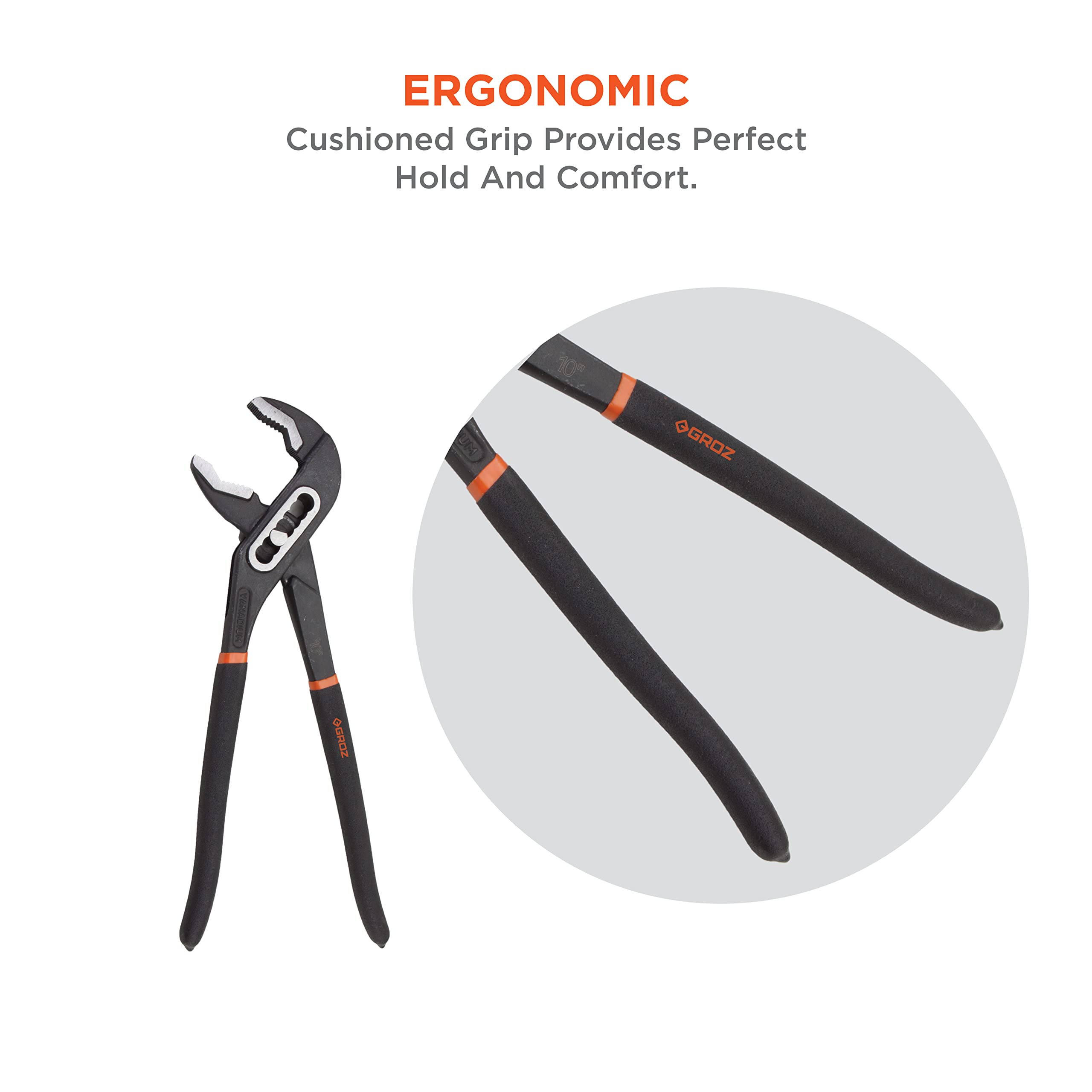 GROZ 10 inch Water Pump Plier with 7 Position Size Adjustment| Ideal for Turning & Holding Pipes, Nuts, Bolts etc.| Ergonomic Cushion Grip| Length: 10”| WPP/BJ/10/CV 2