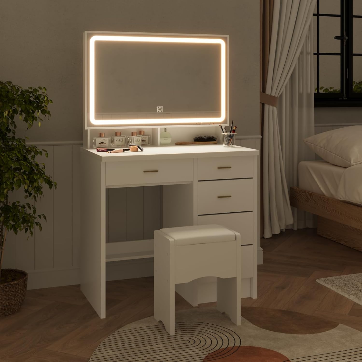 Makeup Vanity Desk with Mirror and Lights, Vanity Table Set with 31" Large HD Mirror, 5 Drawers, Storage Shelve, Cushioned Stool, White Vanity for Bedroom, 3 Lighting Color Modes