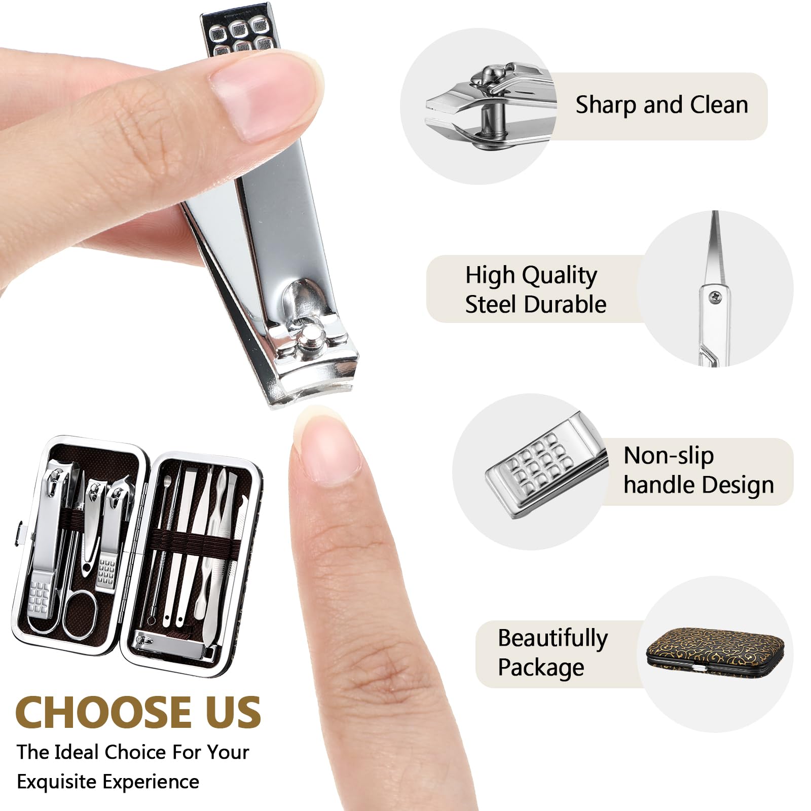Geosar Set da 12 set per manicure e pedicure, in acciaio inox, professionale, per la cura delle unghie, con lussuosa custodia da viaggio per la cura delle unghie (stile moderno)