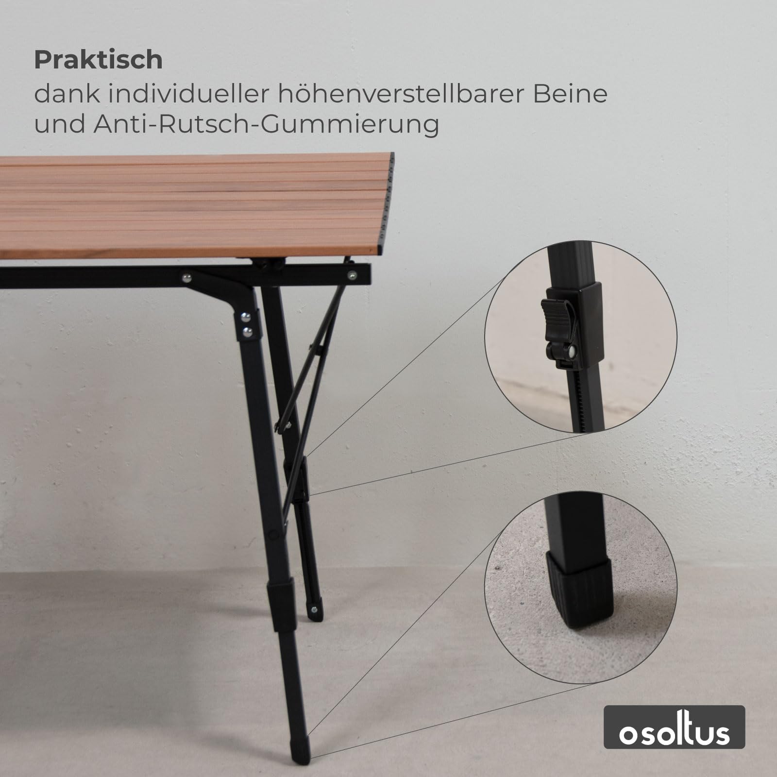 osoltus Campingtisch Fjord höhenverstellbar Aluminiumgestell | Klapptisch Holzoptik-Tischplatte 90cm x 59cm x 45-71 cm höhenverstellbar